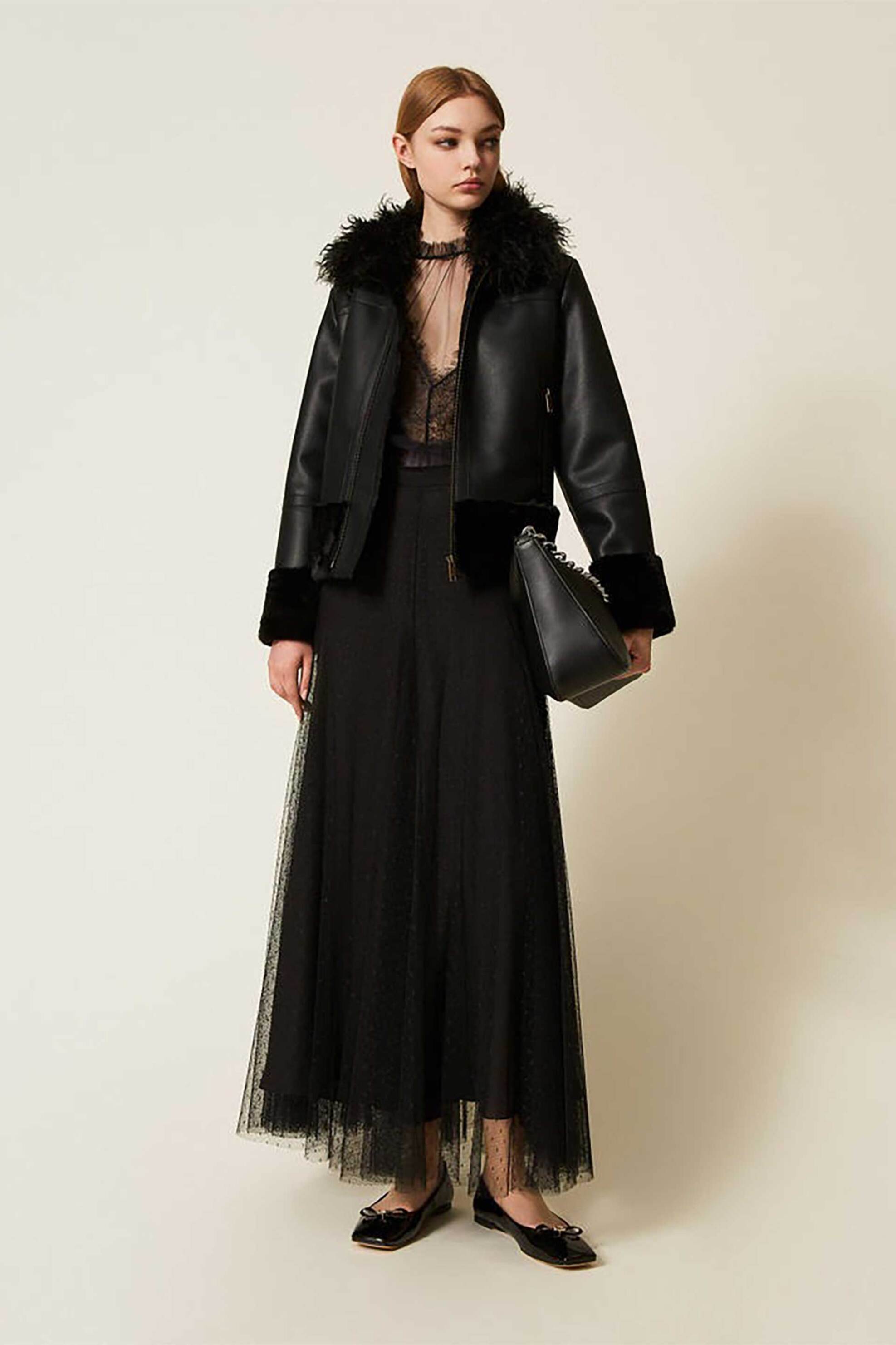 Twinset γυναικείο faux leather jacket με faux γούνινο γιακά - 252TP2410 Μαύρο φωτογραφία