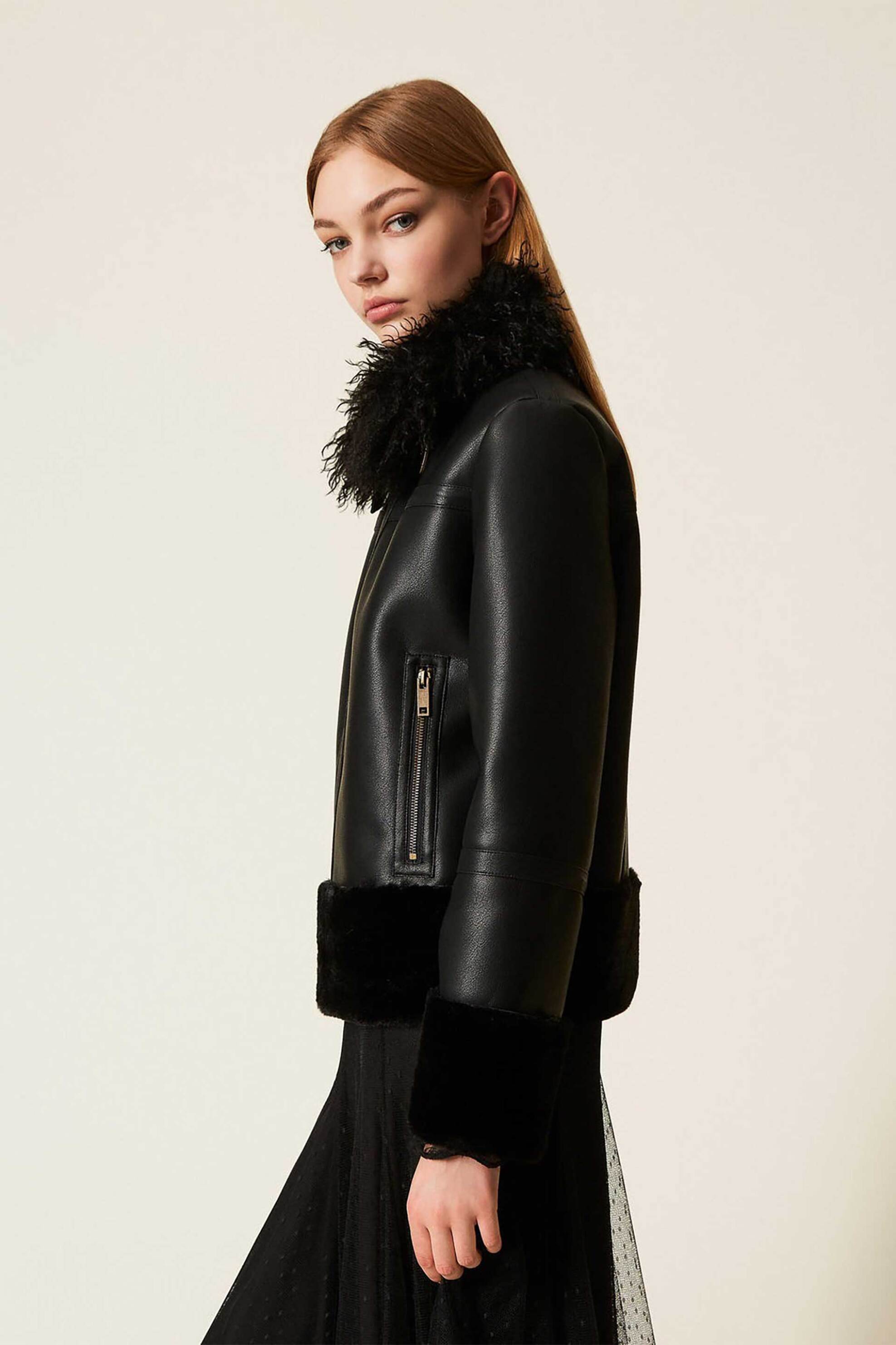 Twinset γυναικείο faux leather jacket με faux γούνινο γιακά - 252TP2410 Μαύρο φωτογραφία