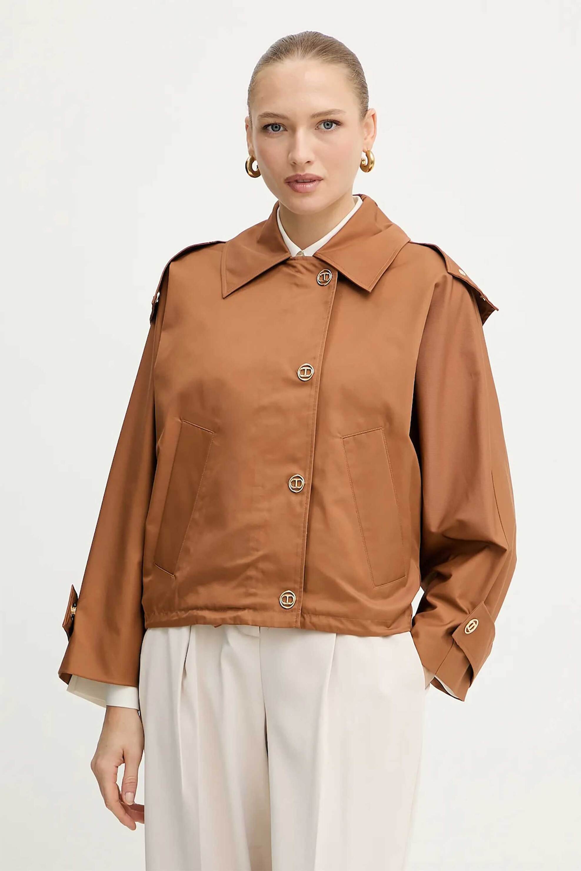 TWINSET Twinset γυναικείο καπαρτινάκι με μεταλλικά κουμπιά και κουκούλα - 252TP2062 Καμηλό