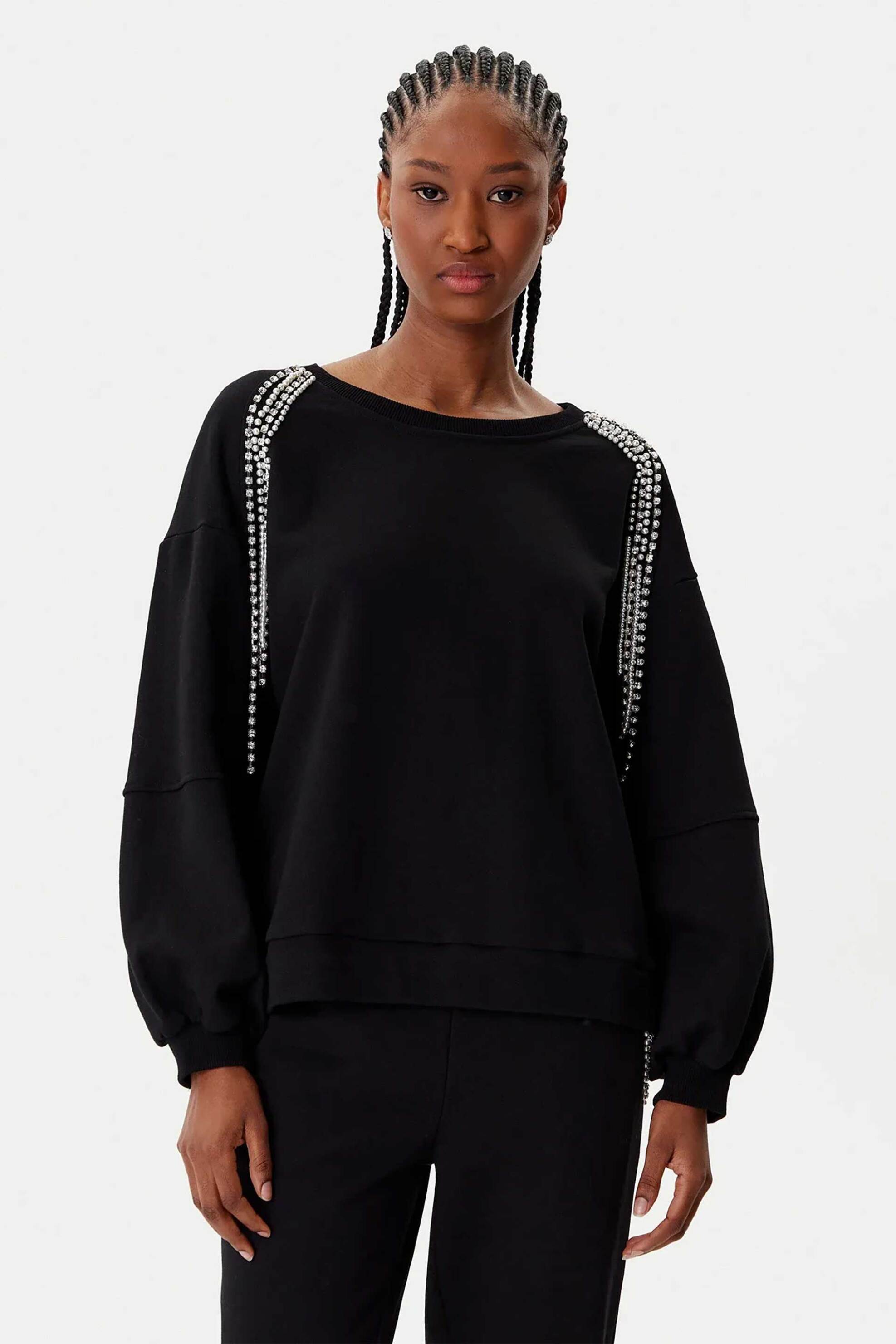 TWINSET Twinset γυναικεία μπλούζα φούτερ με στρας - 252LI2MCC Μαύρο