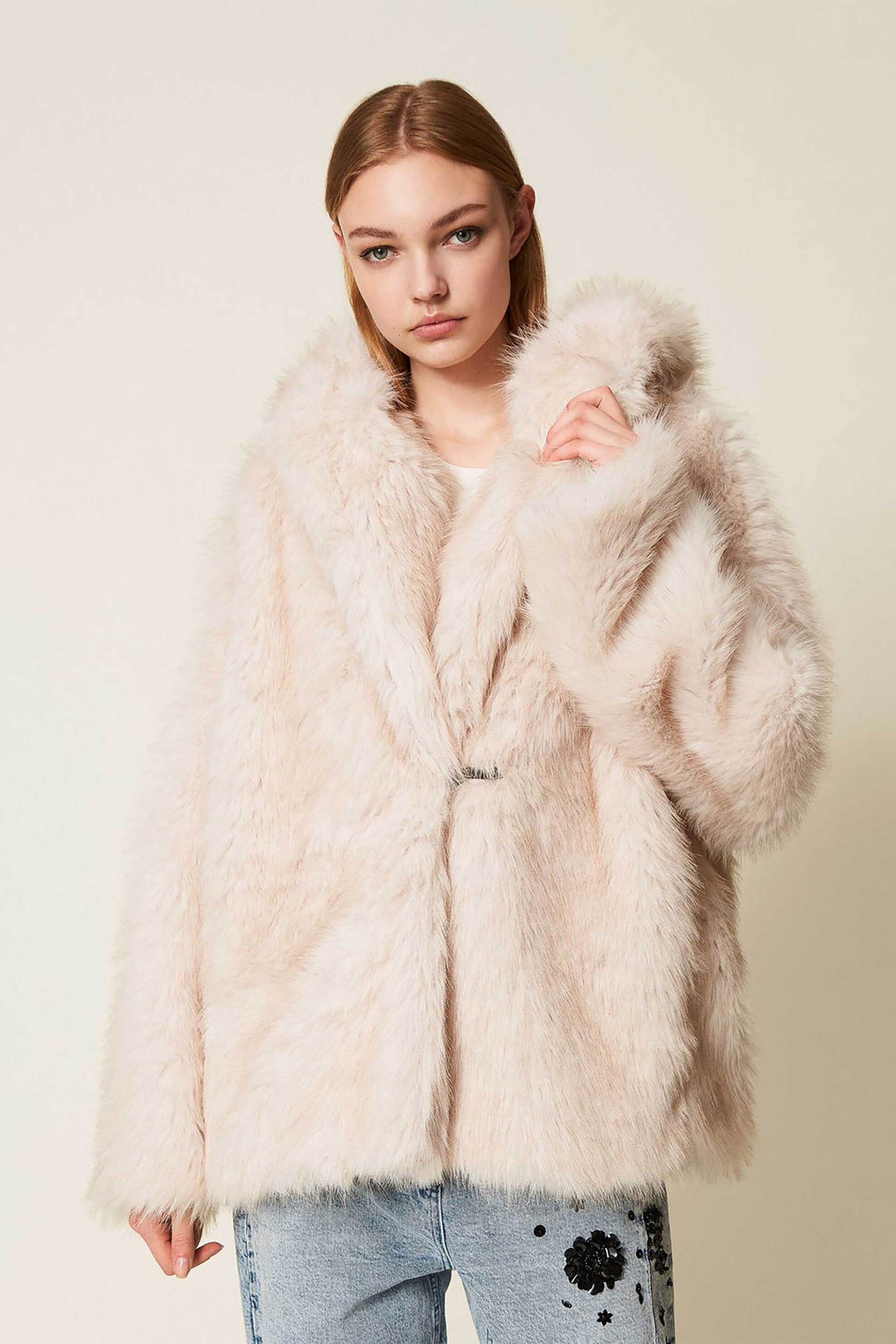 TWINSET Twinset γυναικεία faux γούνα με φαρδιά κουκούλα - 252TF2090 Εκρού