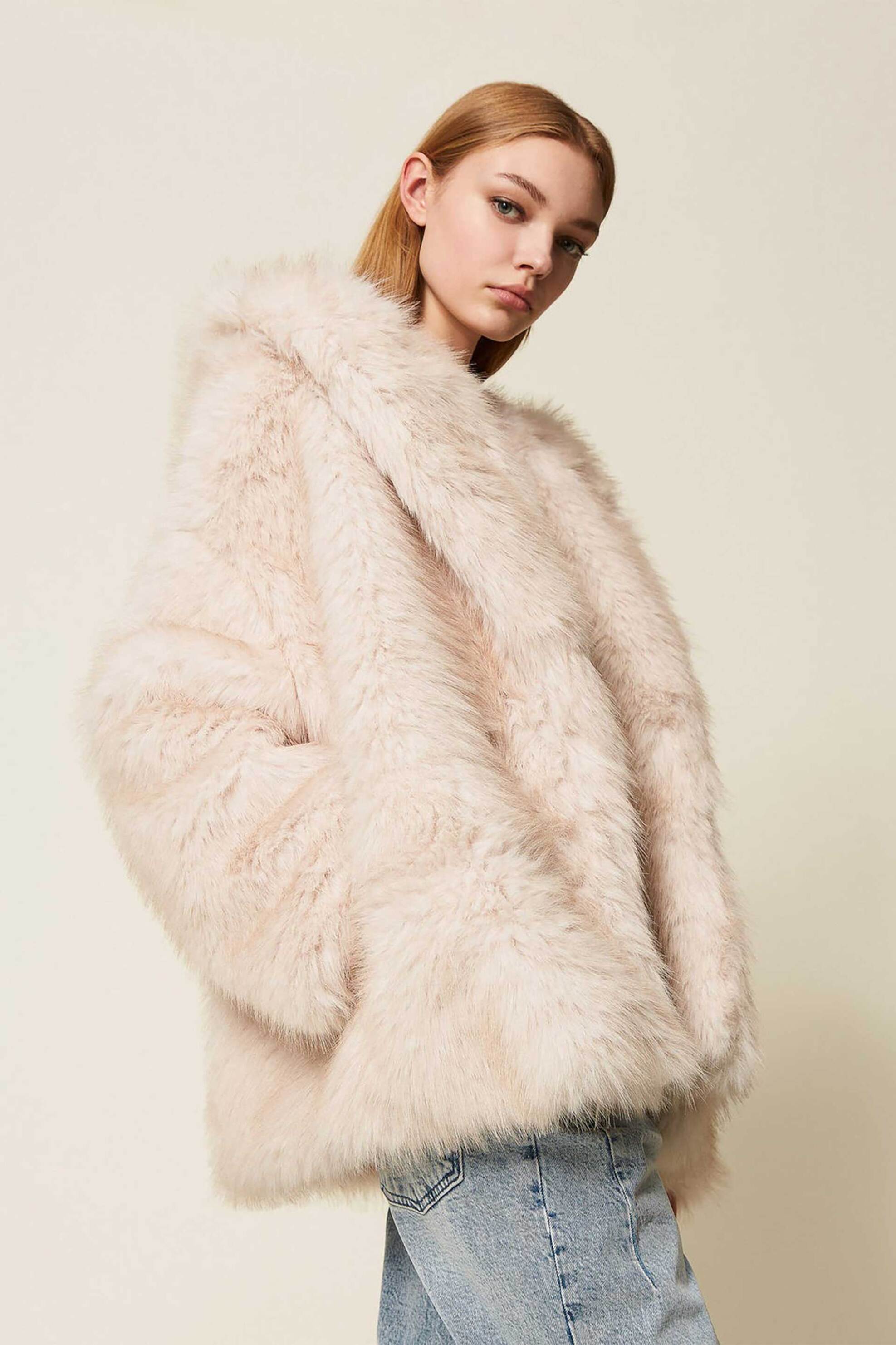 Twinset γυναικεία faux γούνα με φαρδιά κουκούλα - 252TF2090 Εκρού φωτογραφία