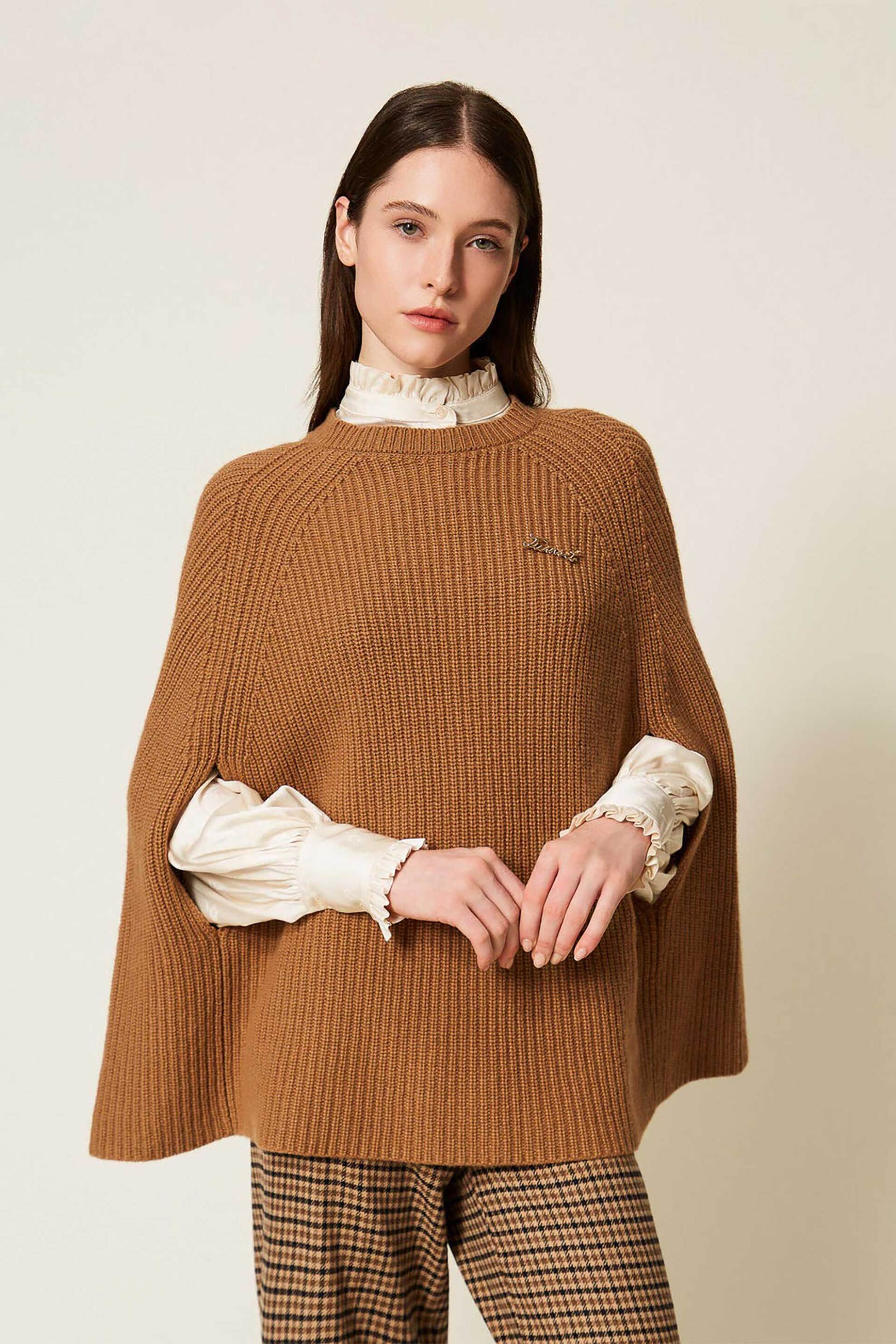 TWINSET Twinset γυναικείο πόντσο ribbed - 252TT3421 Καμηλό