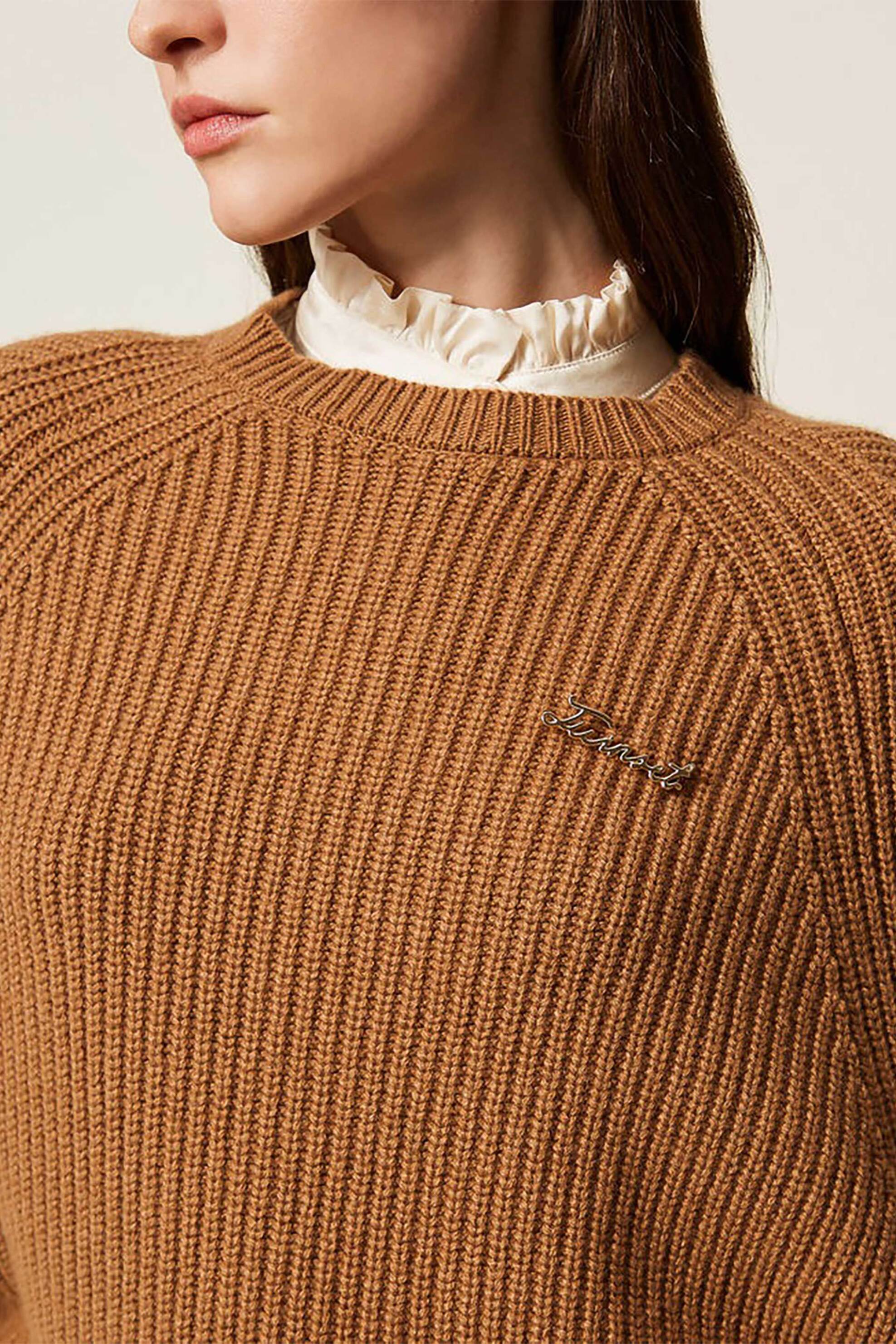 Twinset γυναικείο πόντσο ribbed - 252TT3421 Καμηλό φωτογραφία