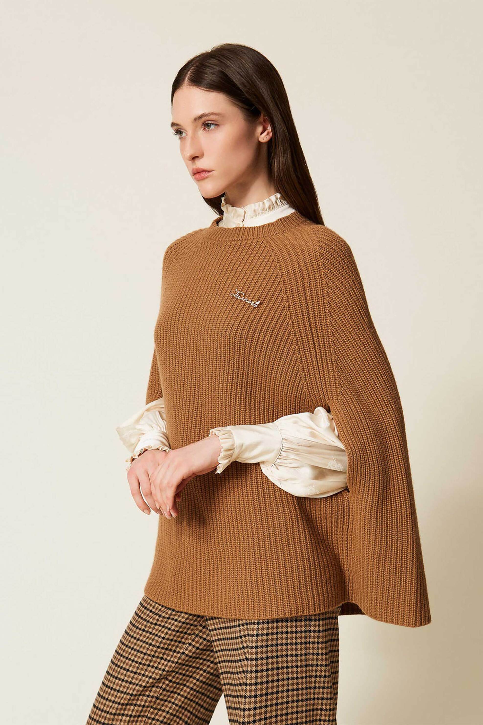 Twinset γυναικείο πόντσο ribbed - 252TT3421 Καμηλό φωτογραφία