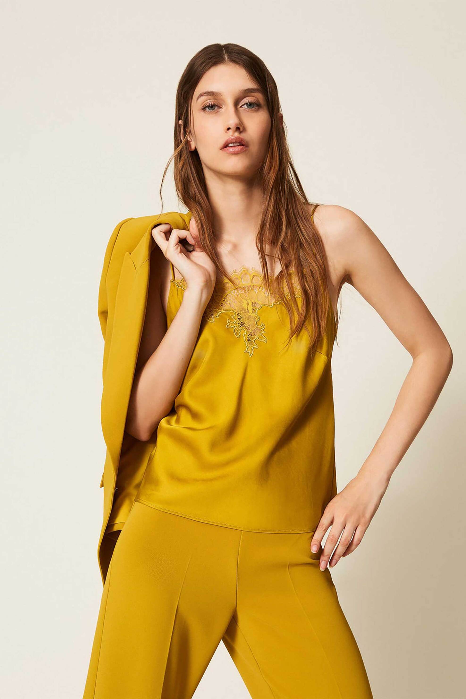 TWINSET Twinset γυναικείο τοπ με δαντέλα - 252TP2391 Μουσταρδί