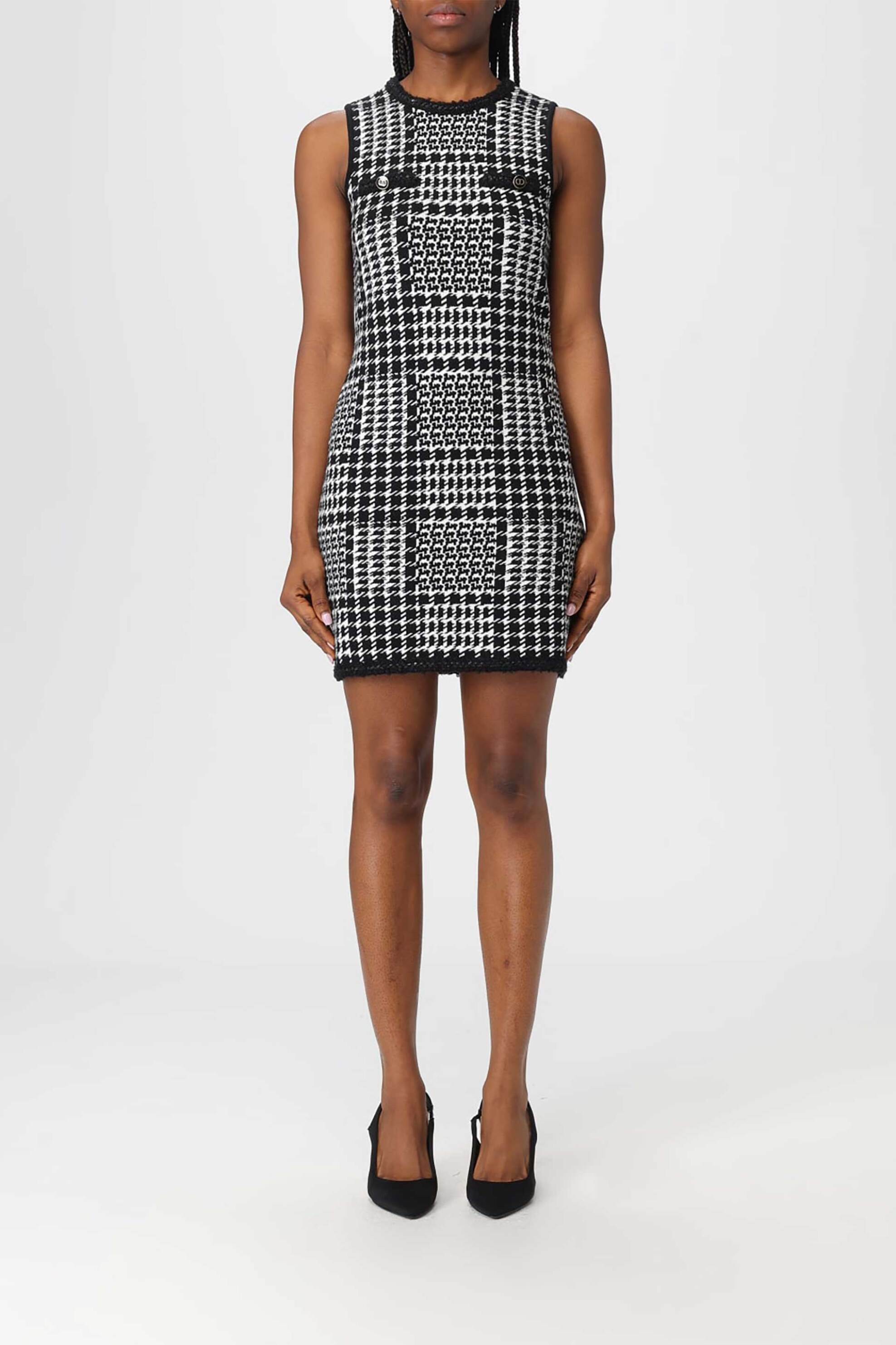 TWINSET Twinset γυναικείο πλεκτό mini φόρεμα με houndstooth print - 252TT3042 Ασπρόμαυρο