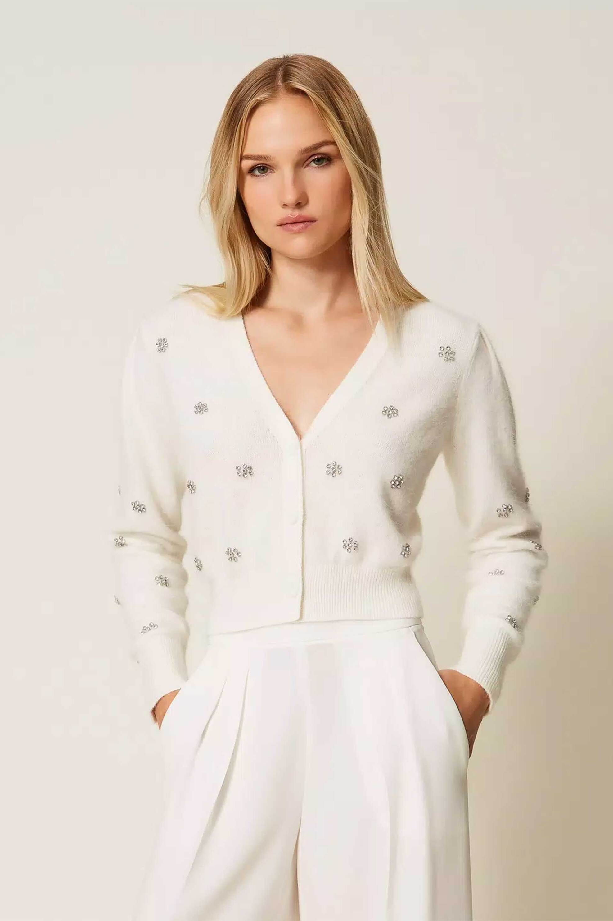 Twinset γυναικεία πλεκτή ζακέτα με V και κεντημένα σχέδια από στρας Loose Fit