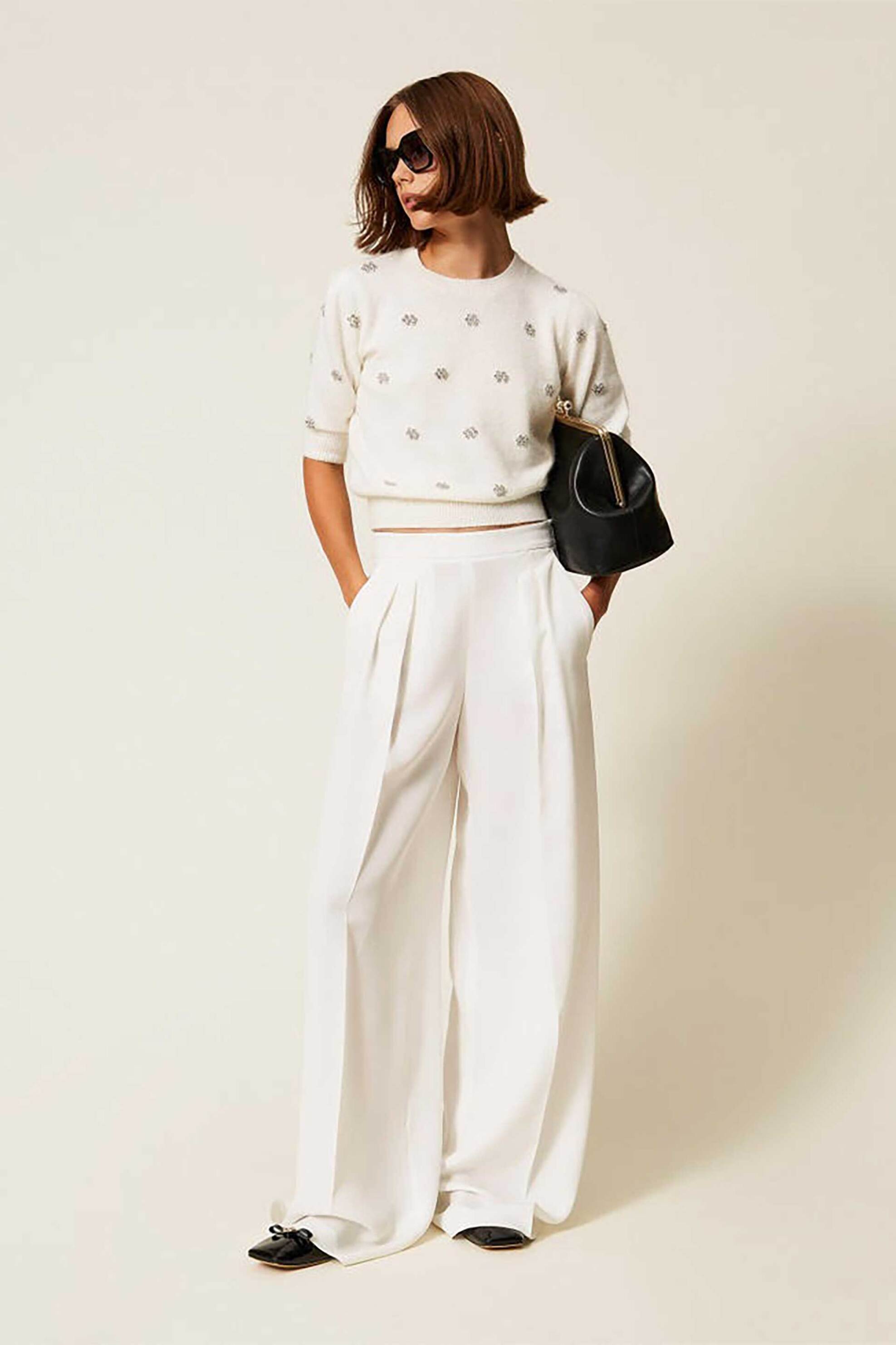 TWINSET Twinset γυναικεία πλεκτή μπλούζα με κεντημένα σχέδια από στρας Loose Fit - 252TT3181 Εκρού