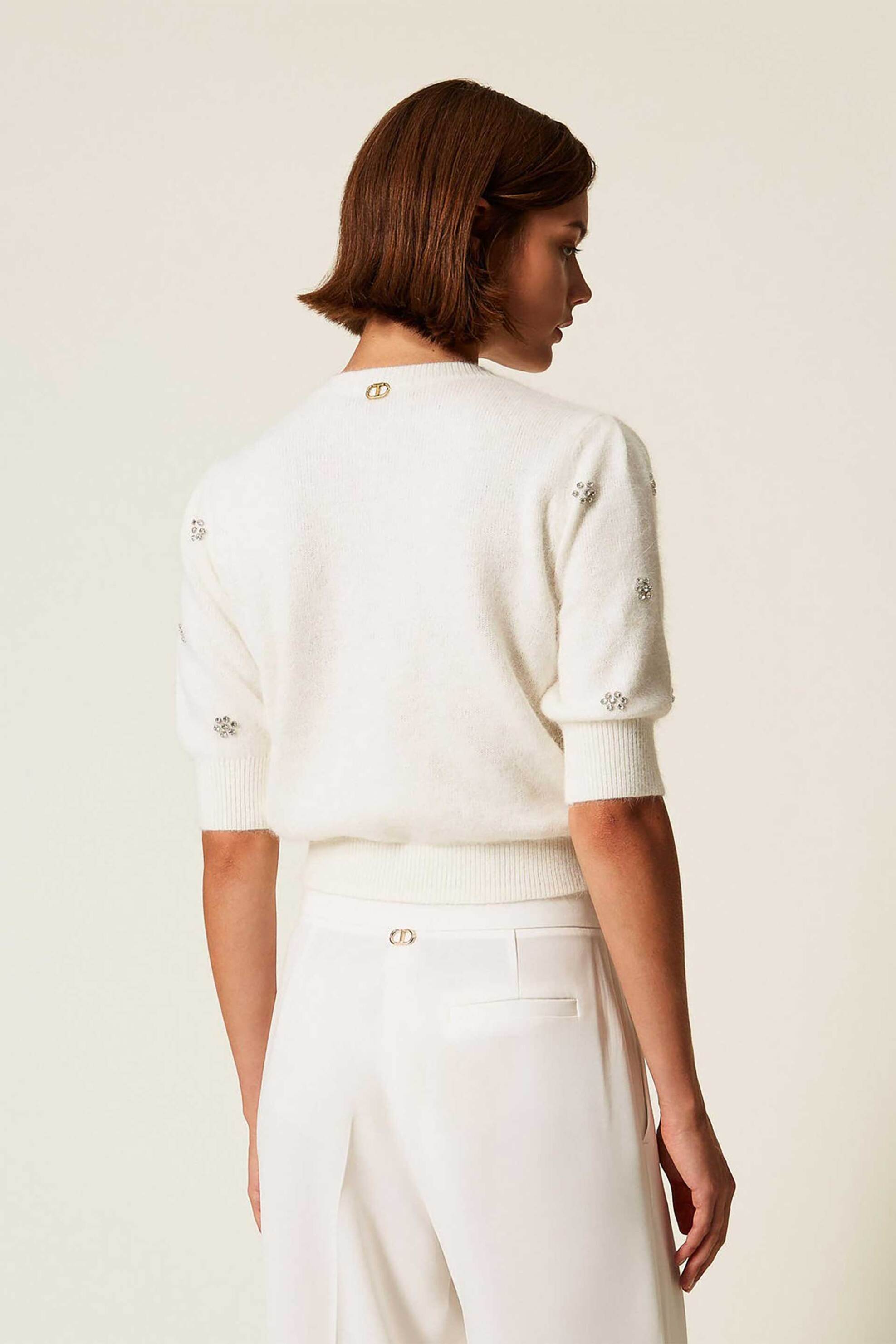 TWINSET Twinset γυναικεία πλεκτή μπλούζα με κεντημένα σχέδια από στρας Loose Fit - 252TT3181 Εκρού - 4