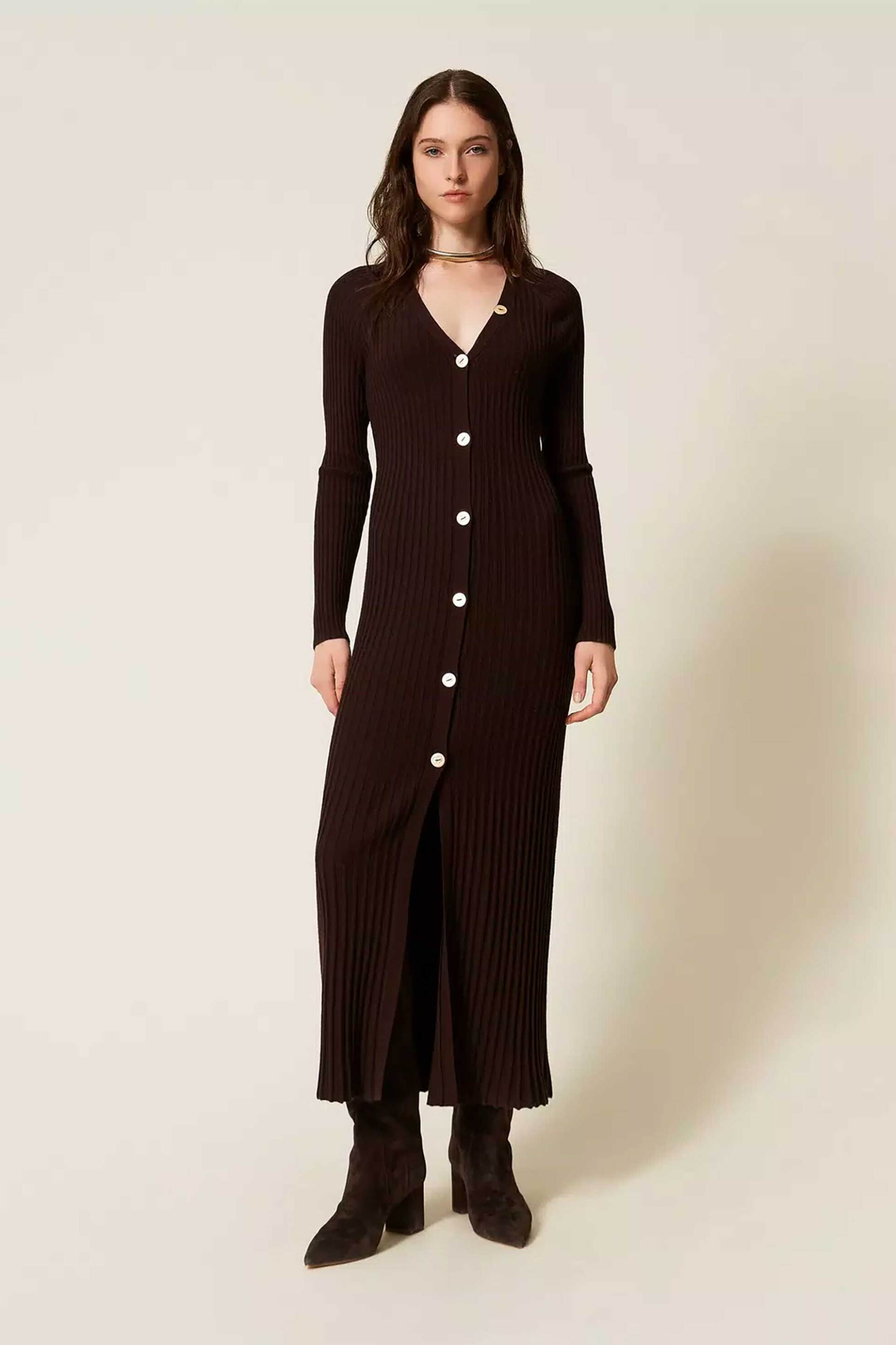 Twinset γυναικείο πλεκτό maxi φόρεμα σεμιζιέ ribbed Fitted