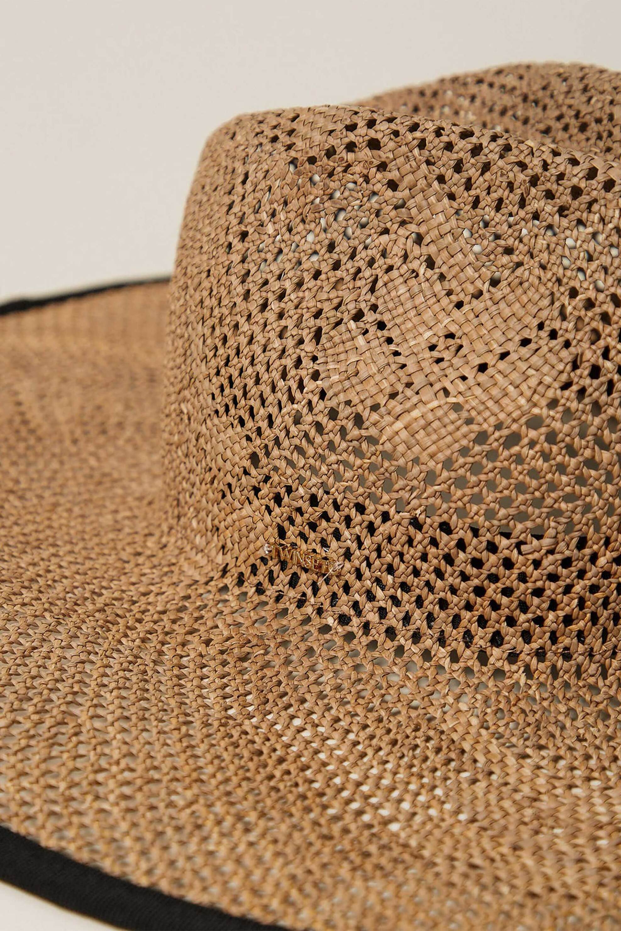 Twinset γυναικείο ψάθινο καπέλο με λουλούδια - 261TA4070 Καφέ φωτογραφία