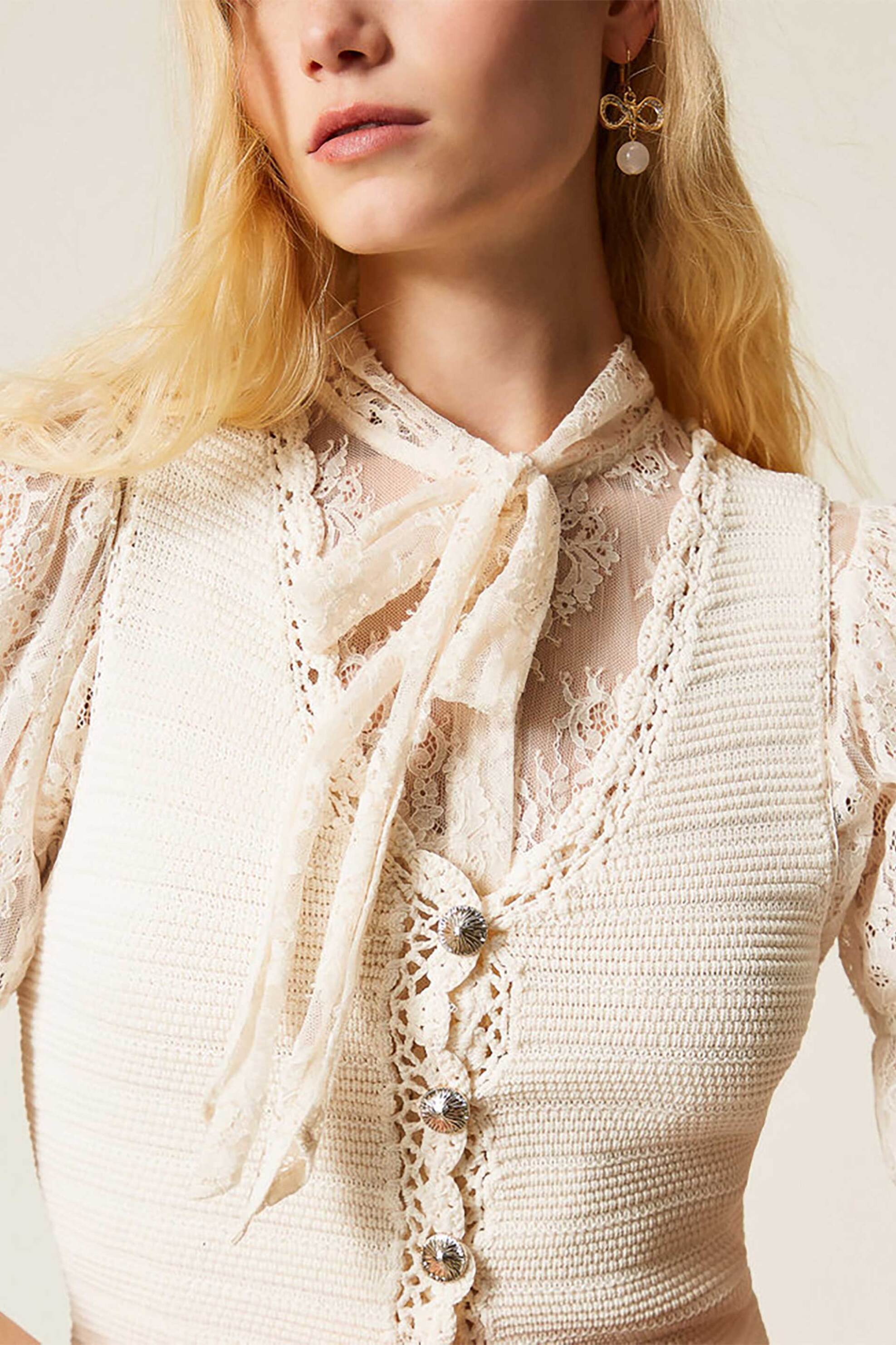 Twinset γυναικείο γιλέκο crochet με κουμπιά - 261TP3077 Μπεζ φωτογραφία