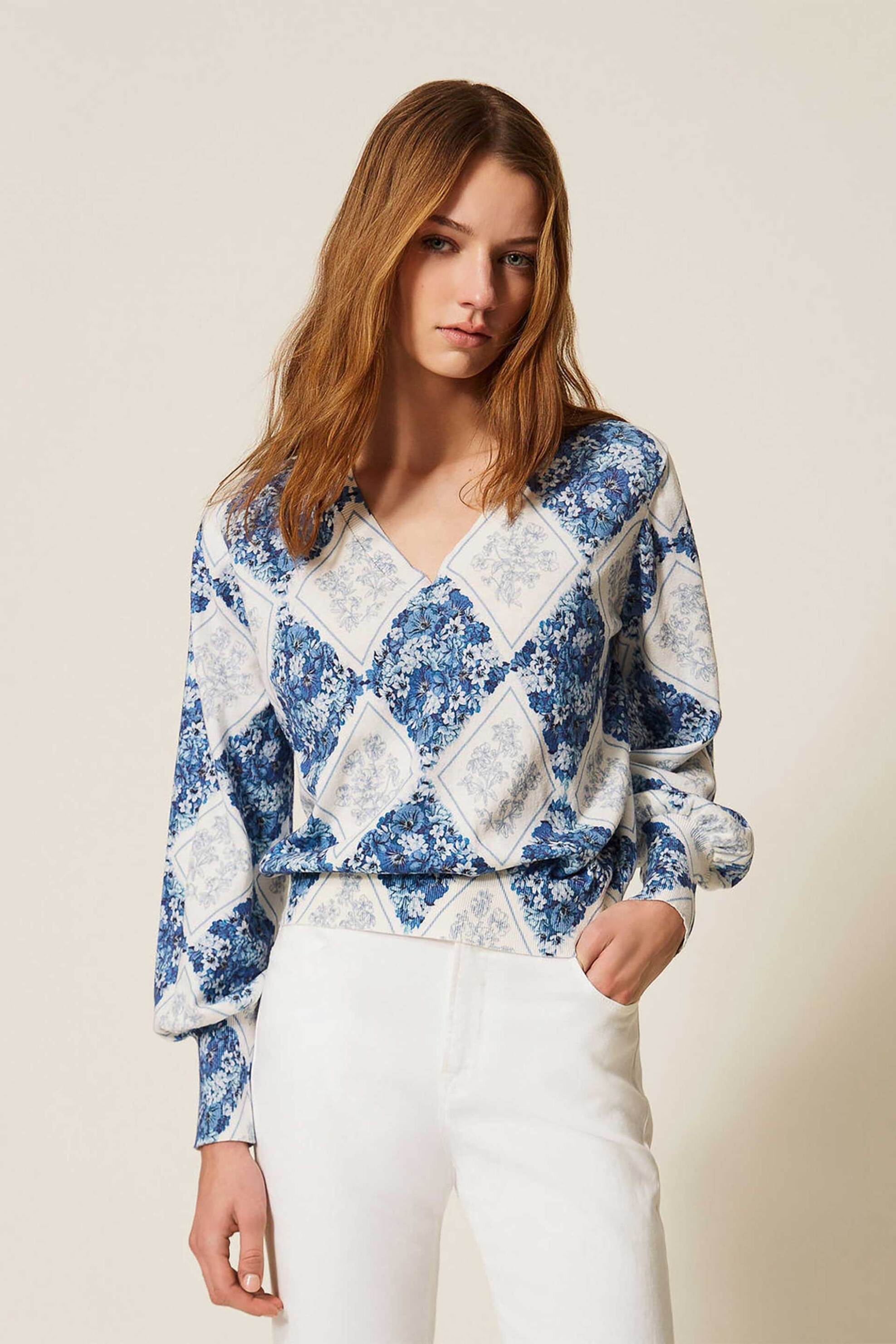 TWINSET Twinset γυναικεία πλεκτή μπλούζα με εμπριμέ σχέδιο - 261TP3530 Γαλάζιο