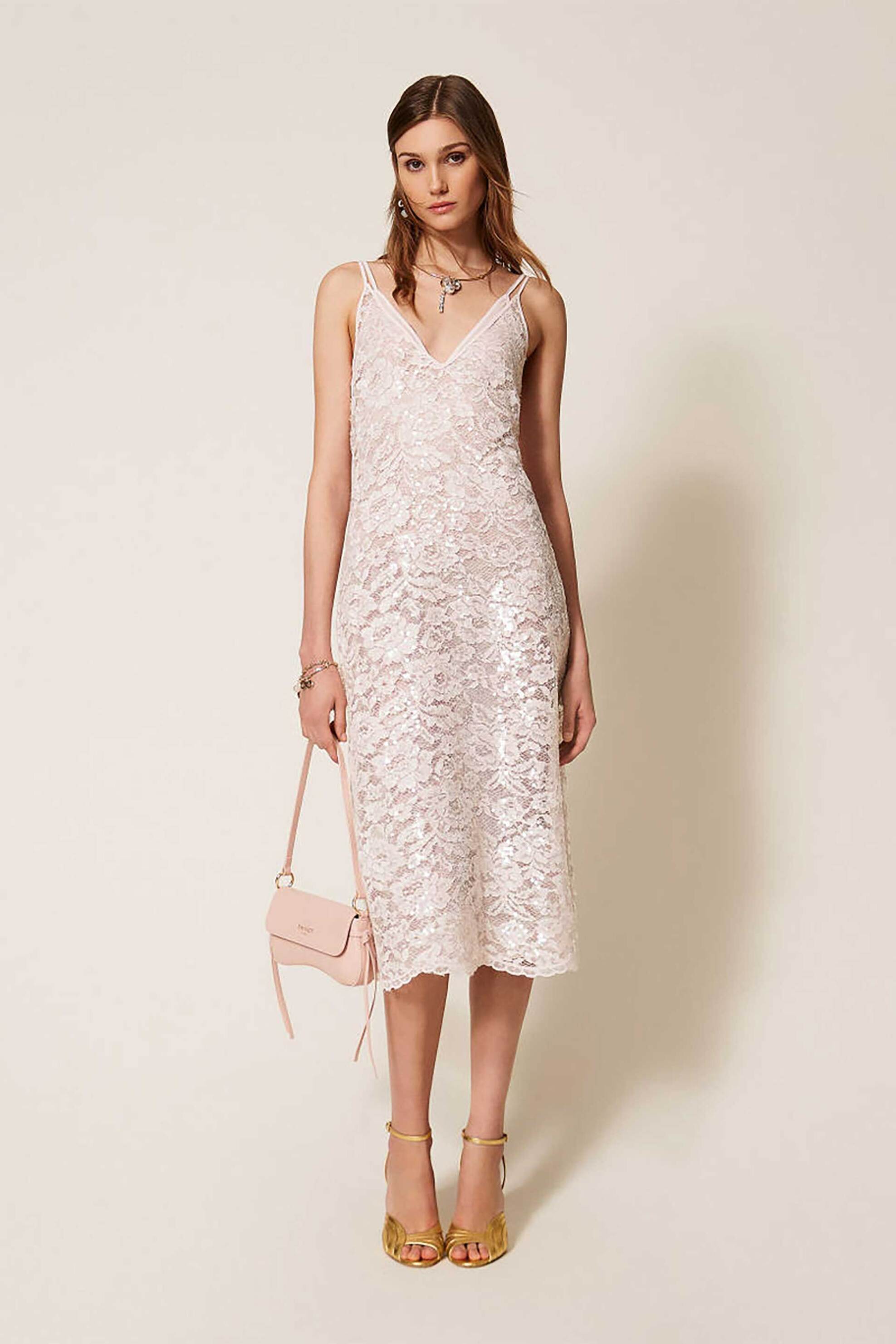 TWINSET Twinset γυναικείο midi φόρεμα με δαντέλα - 261TP2630 Ροζ