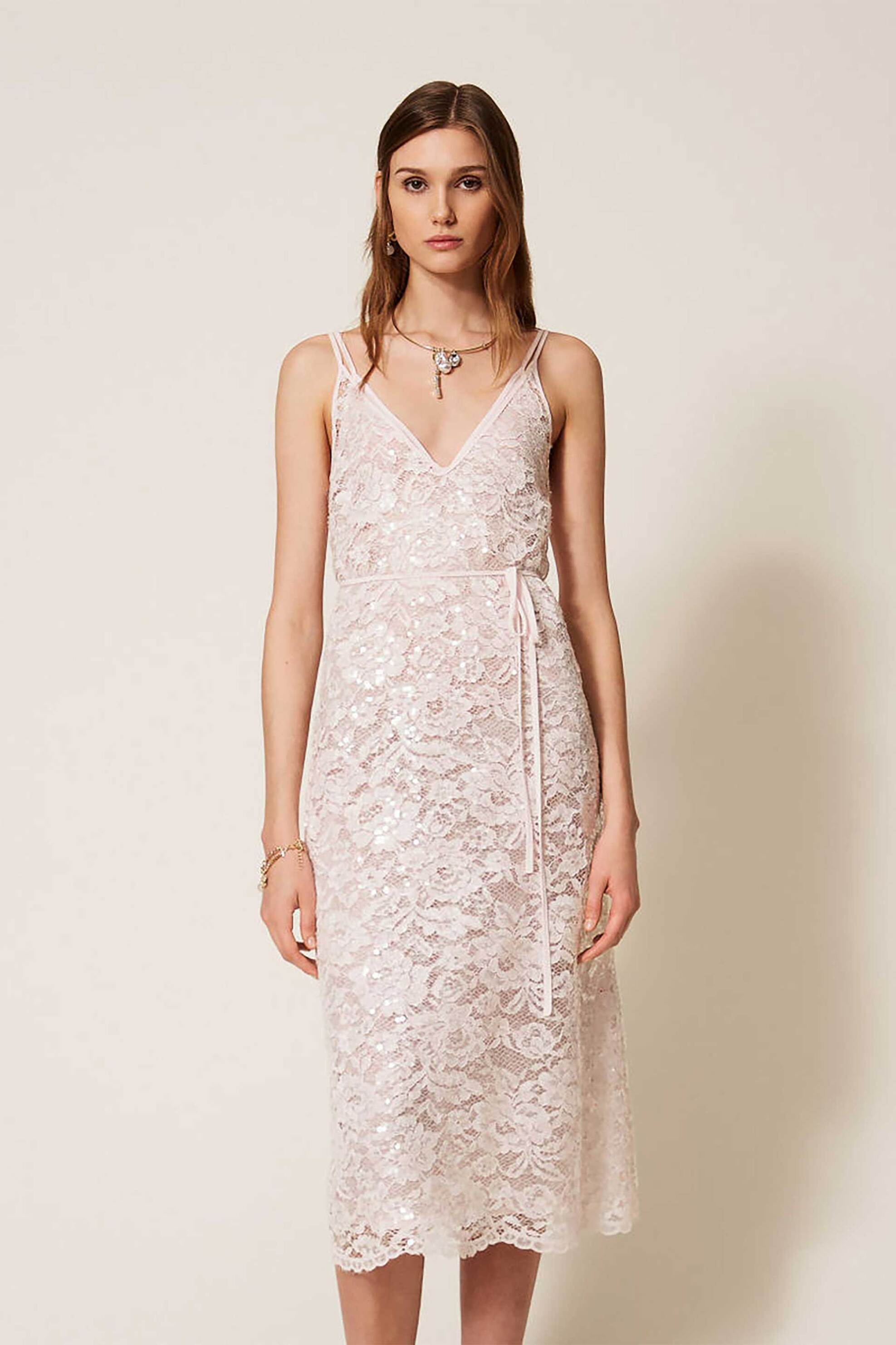 TWINSET Twinset γυναικείο midi φόρεμα με δαντέλα - 261TP2630 Ροζ - 3