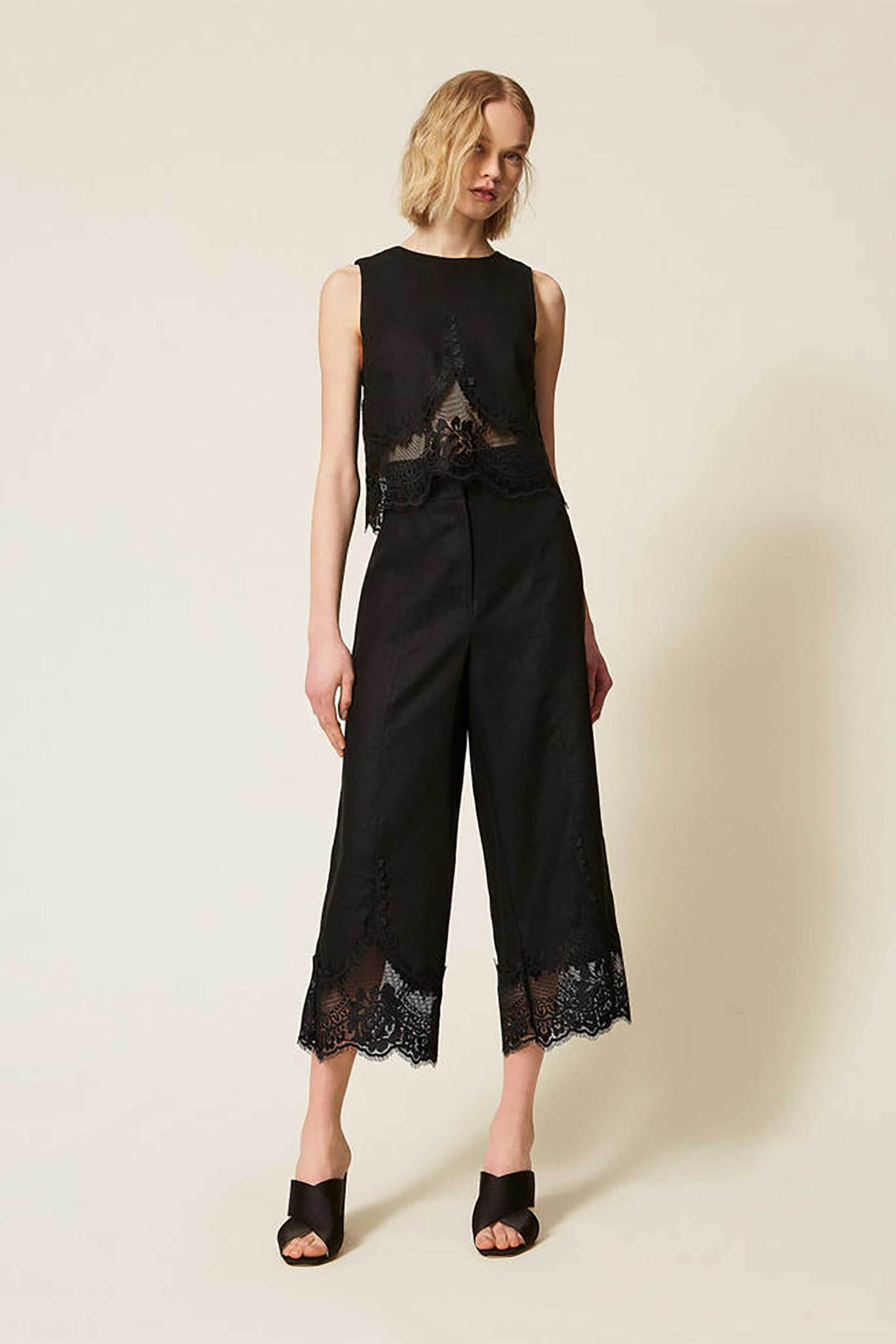 Twinset γυναικείο παντελόνι λινό με δαντέλα - 261TT2184 Μαύρο