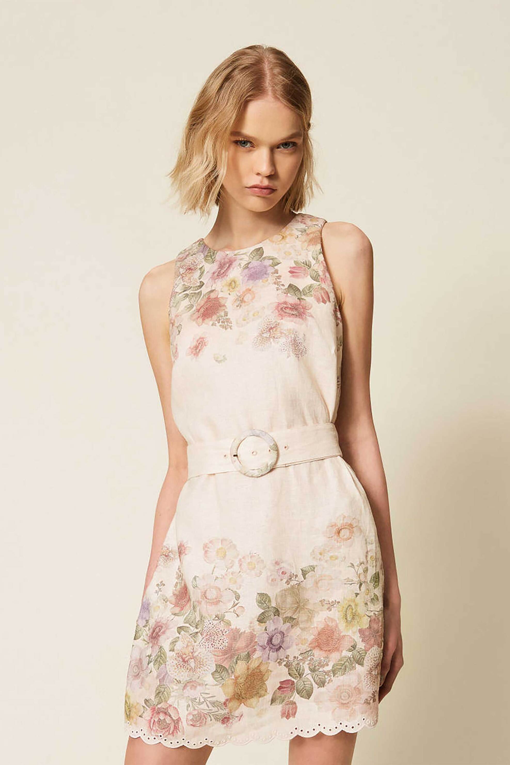 Twinset γυναικείο mini φόρεμα λινό με floral σχέδιο - 261TT2571 Ροζ