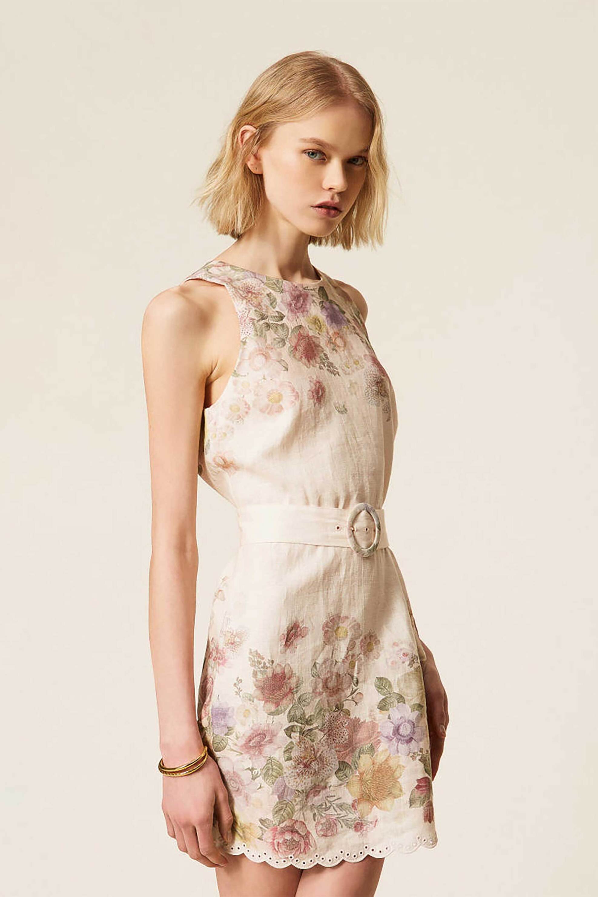 Twinset Γυναικείο Mini Φόρεμα Λινό με Floral Σχέδιο - 261Tt2571 Ροζ