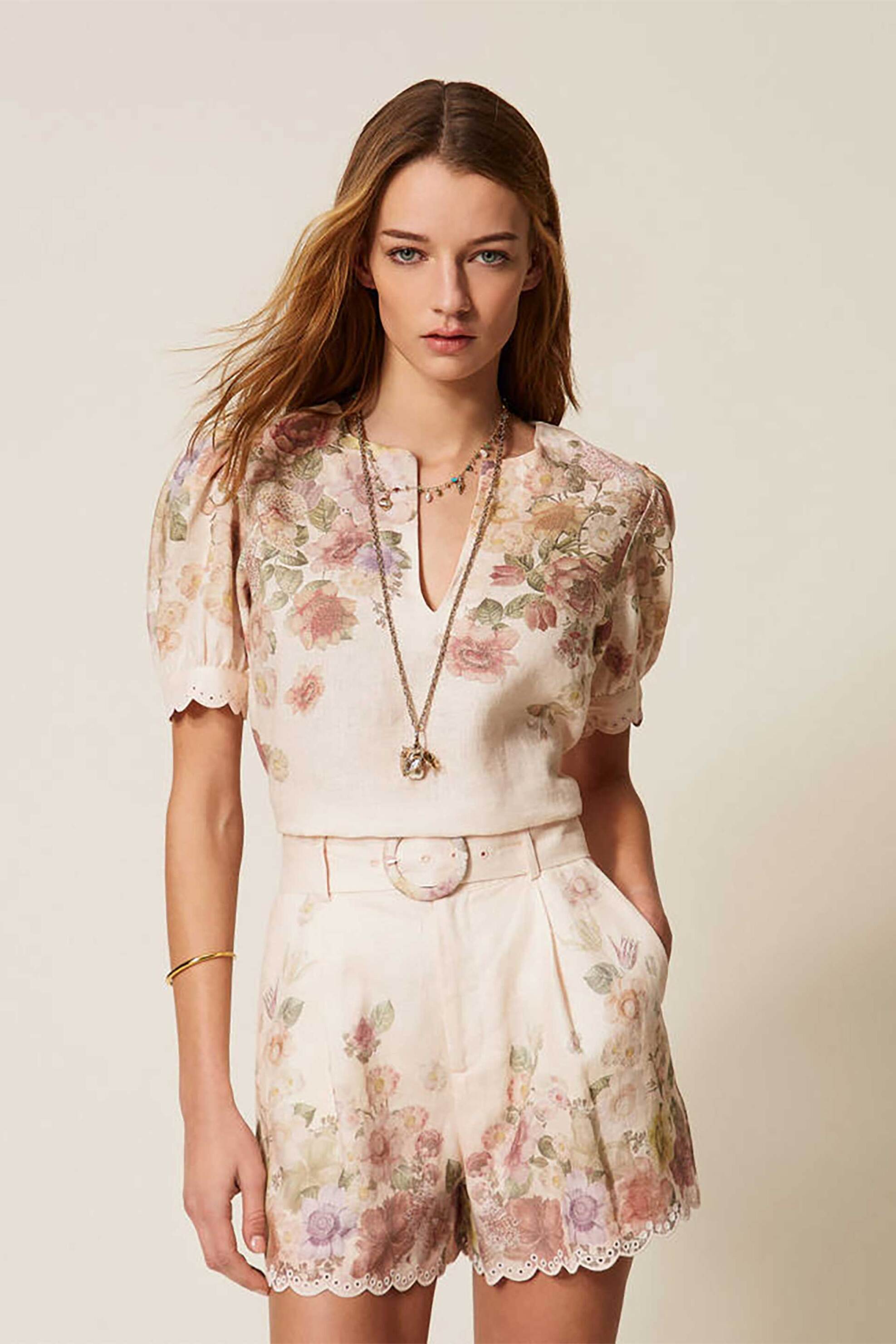 Twinset γυναικείο σορτς λινό με floral σχέδιο - 261TT2572 Ροζ