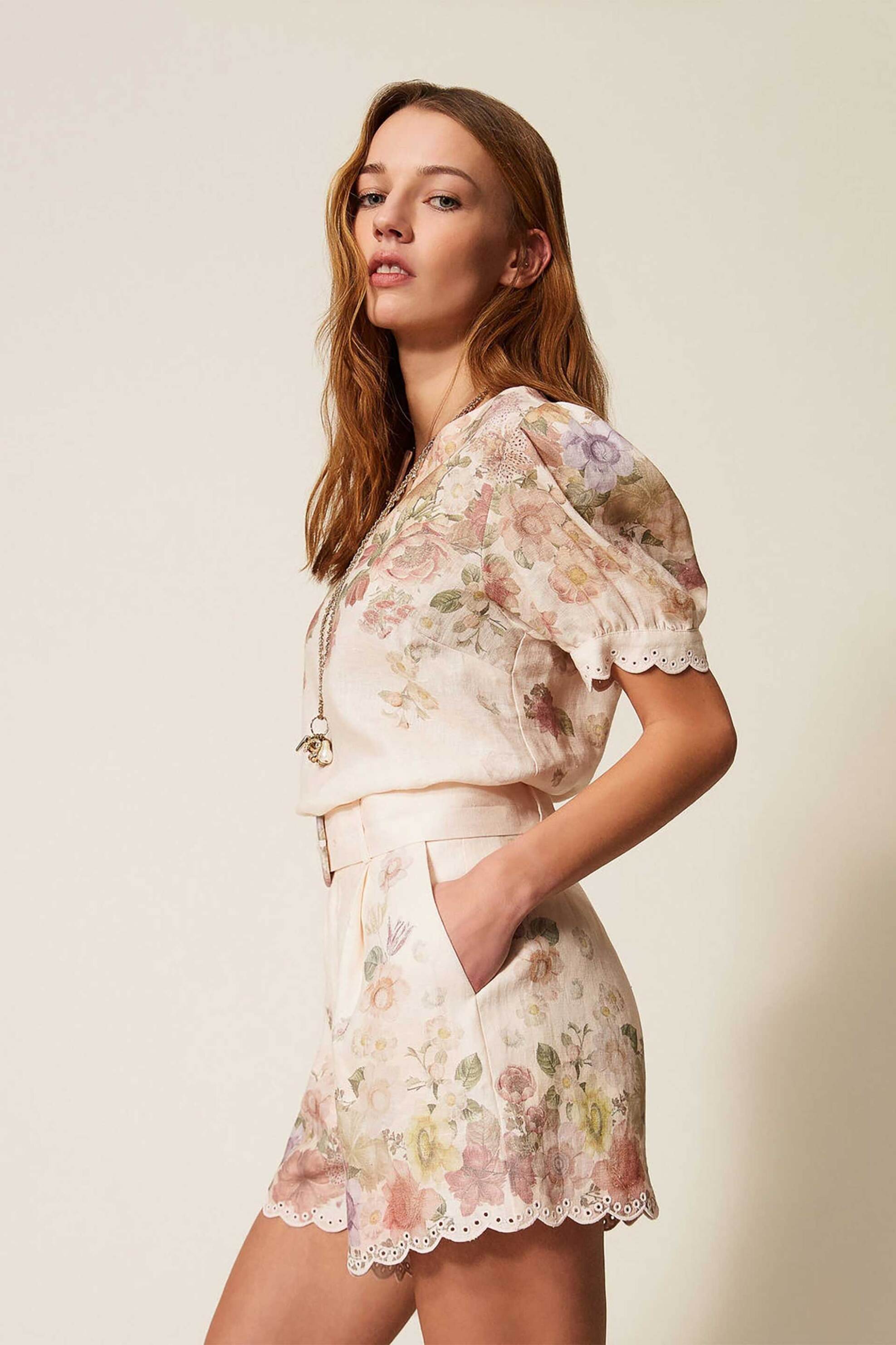 TWINSET Twinset γυναικείο σορτς λινό με floral σχέδιο - 261TT2572 Ροζ - 3