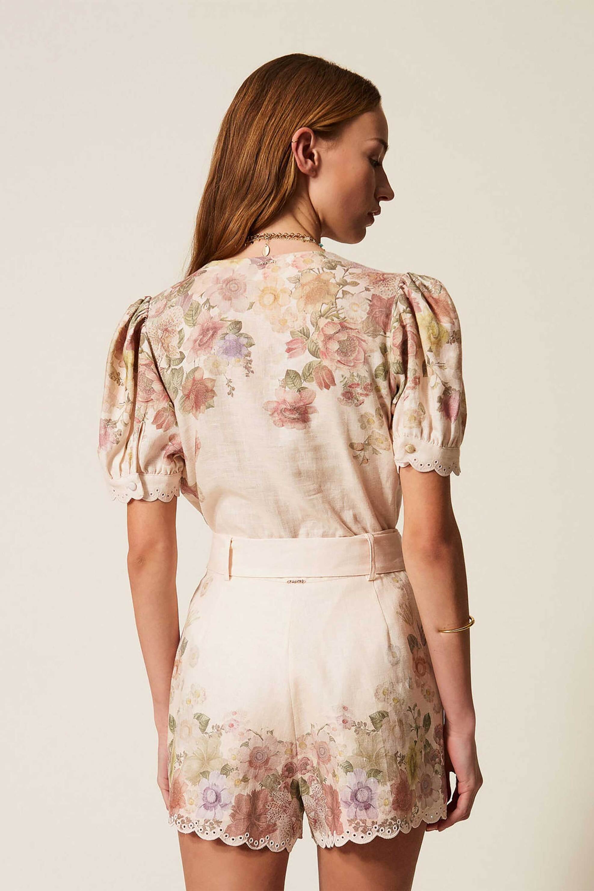 Twinset Γυναικείο Σορτς Λινό με Floral Σχέδιο - 261Tt2572 Ροζ