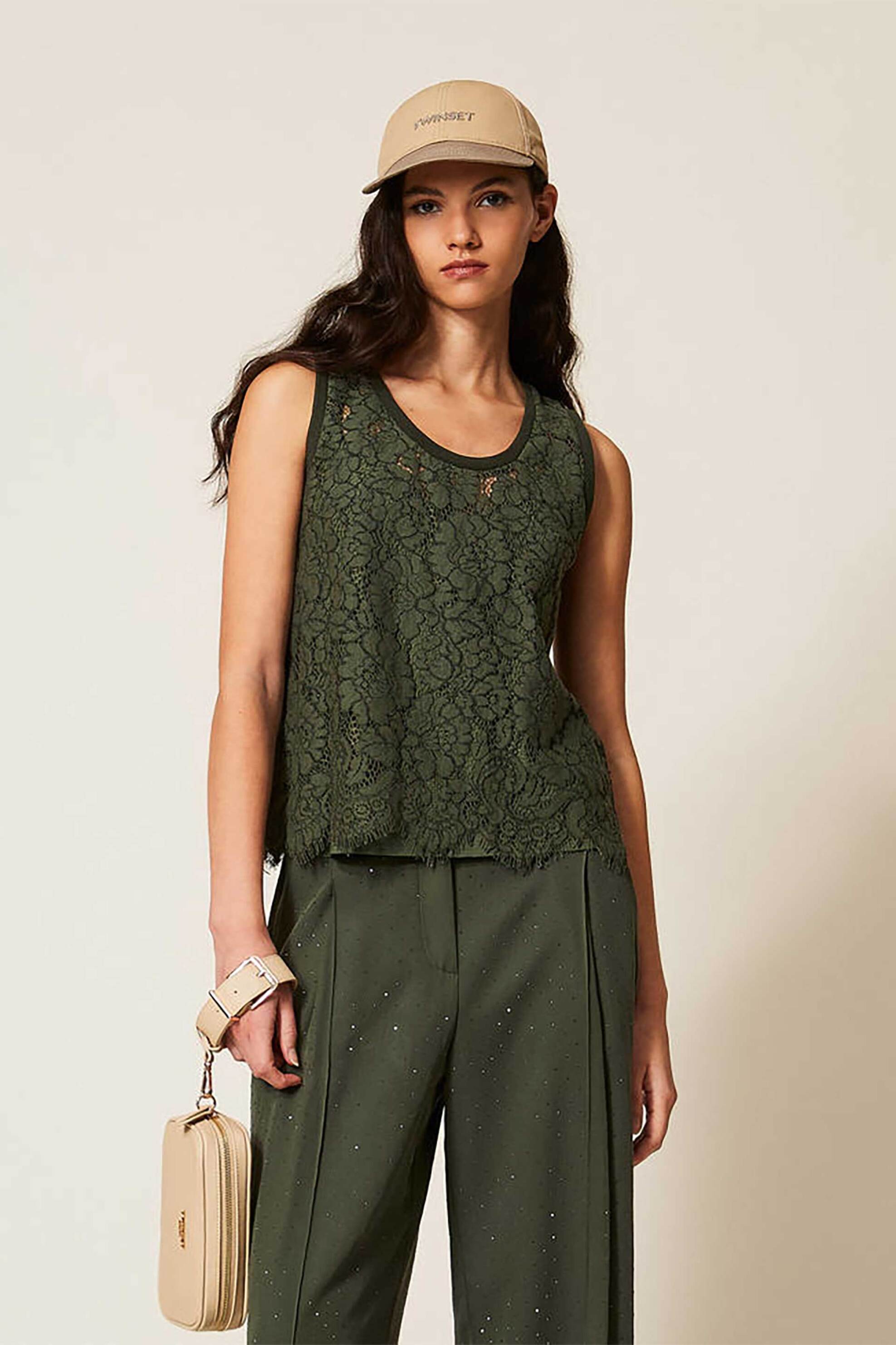 TWINSET Twinset γυναικείο τοπ με δαντέλα - 261LL2AEE Λαδί