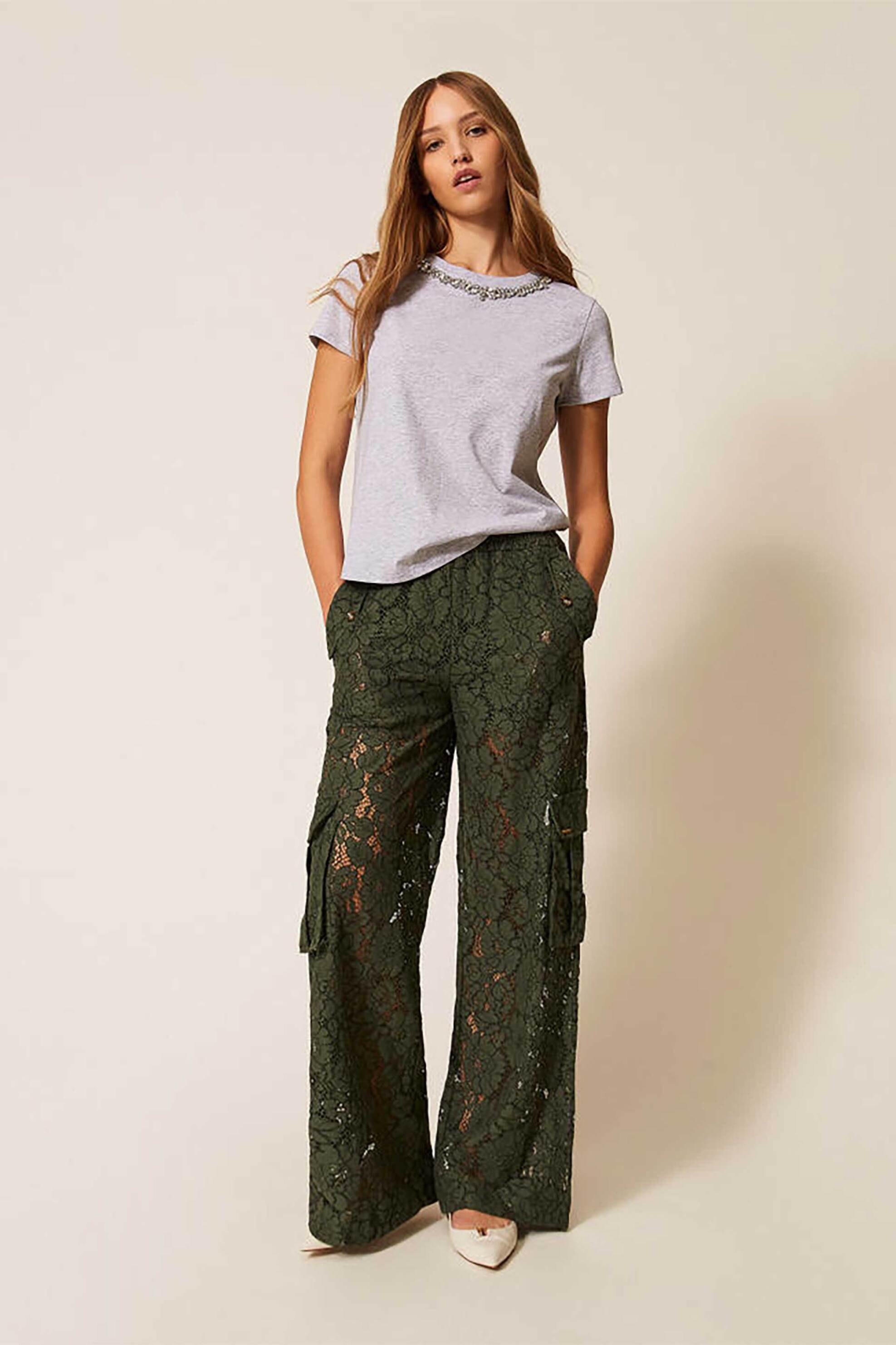 TWINSET Twinset γυναικείο παντελόνι cargo δαντέλα - 261LL2AGG Λαδί