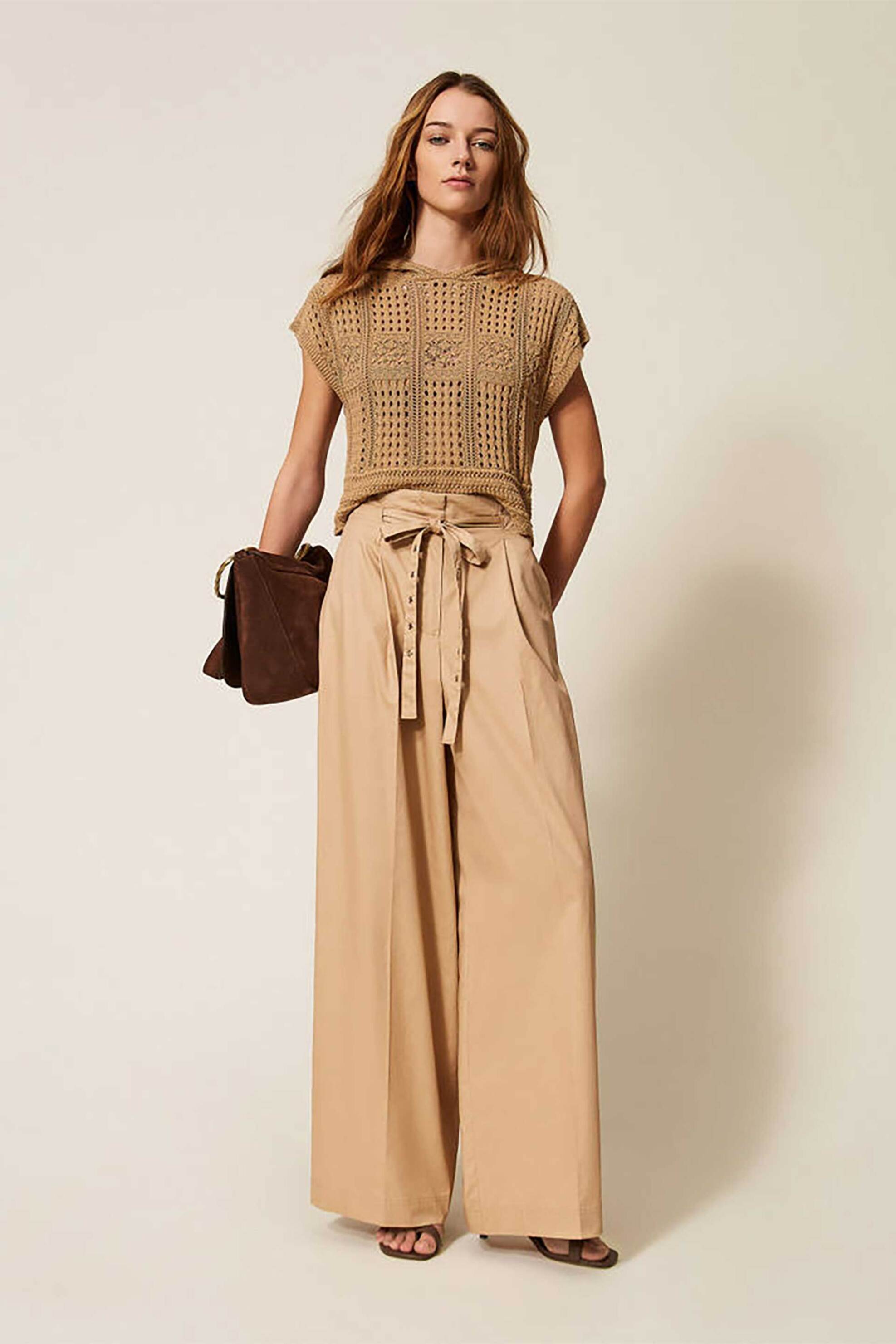 Twinset γυναικείο παντελόνι μονόχρωμο Wide Fit - 261TT2014 Μπεζ