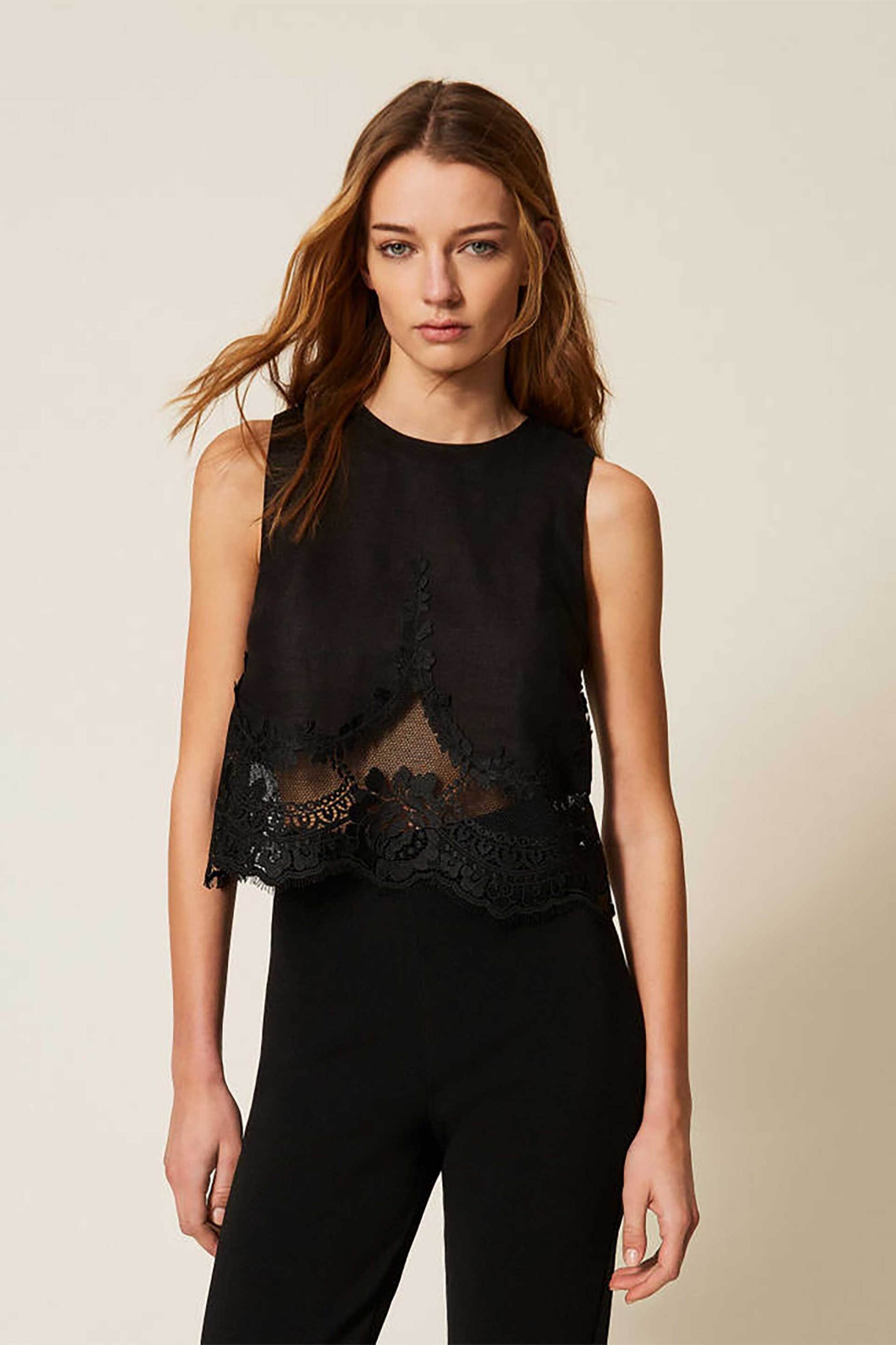 TWINSET Twinset γυναικείο τοπ αμάνικο με δαντέλα - 261TT2182 Μαύρο