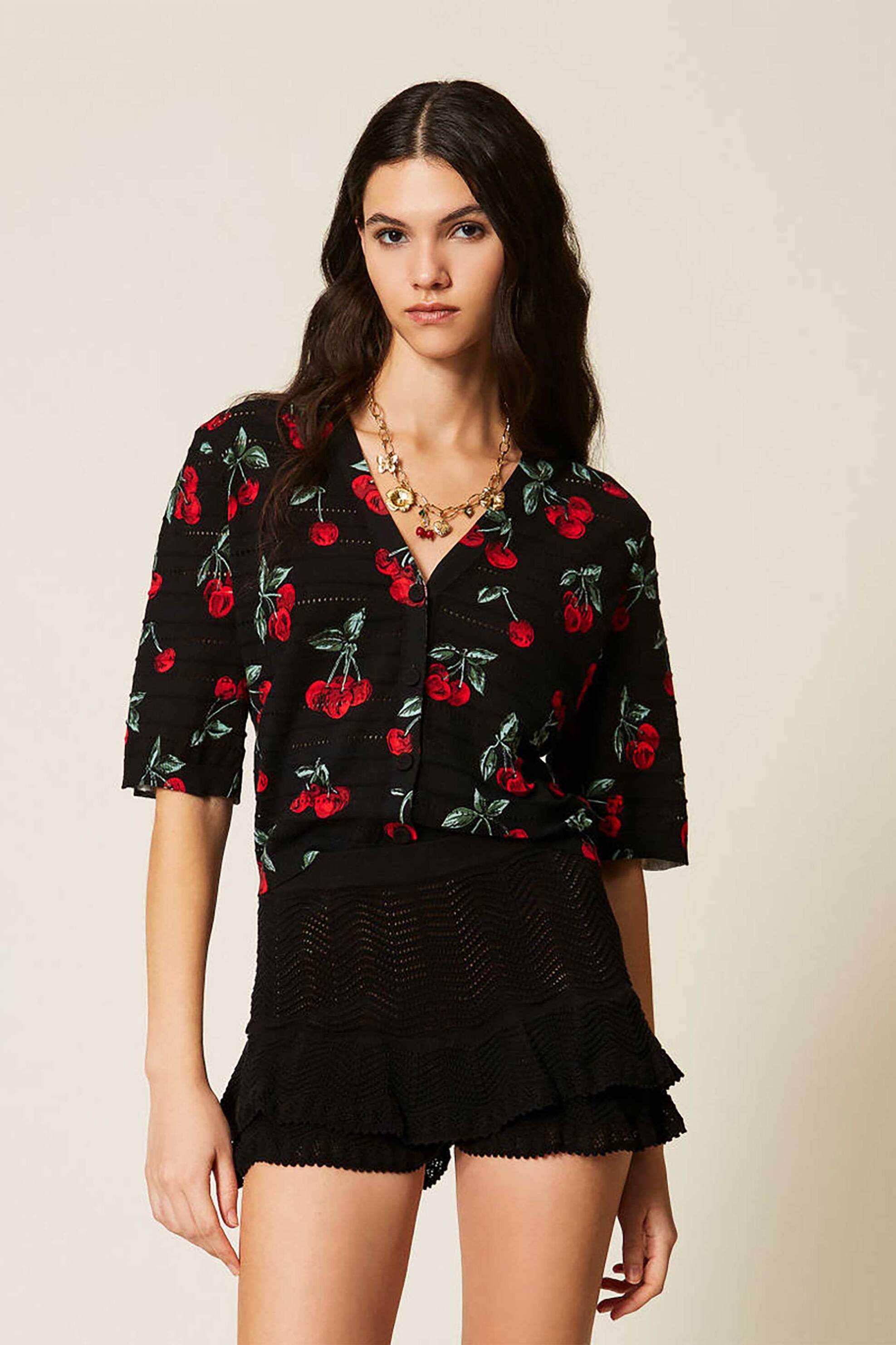 TWINSET Twinset γυναικεία πλεκτή ζακέτα με cherry print - 261TT3270 Μαύρο