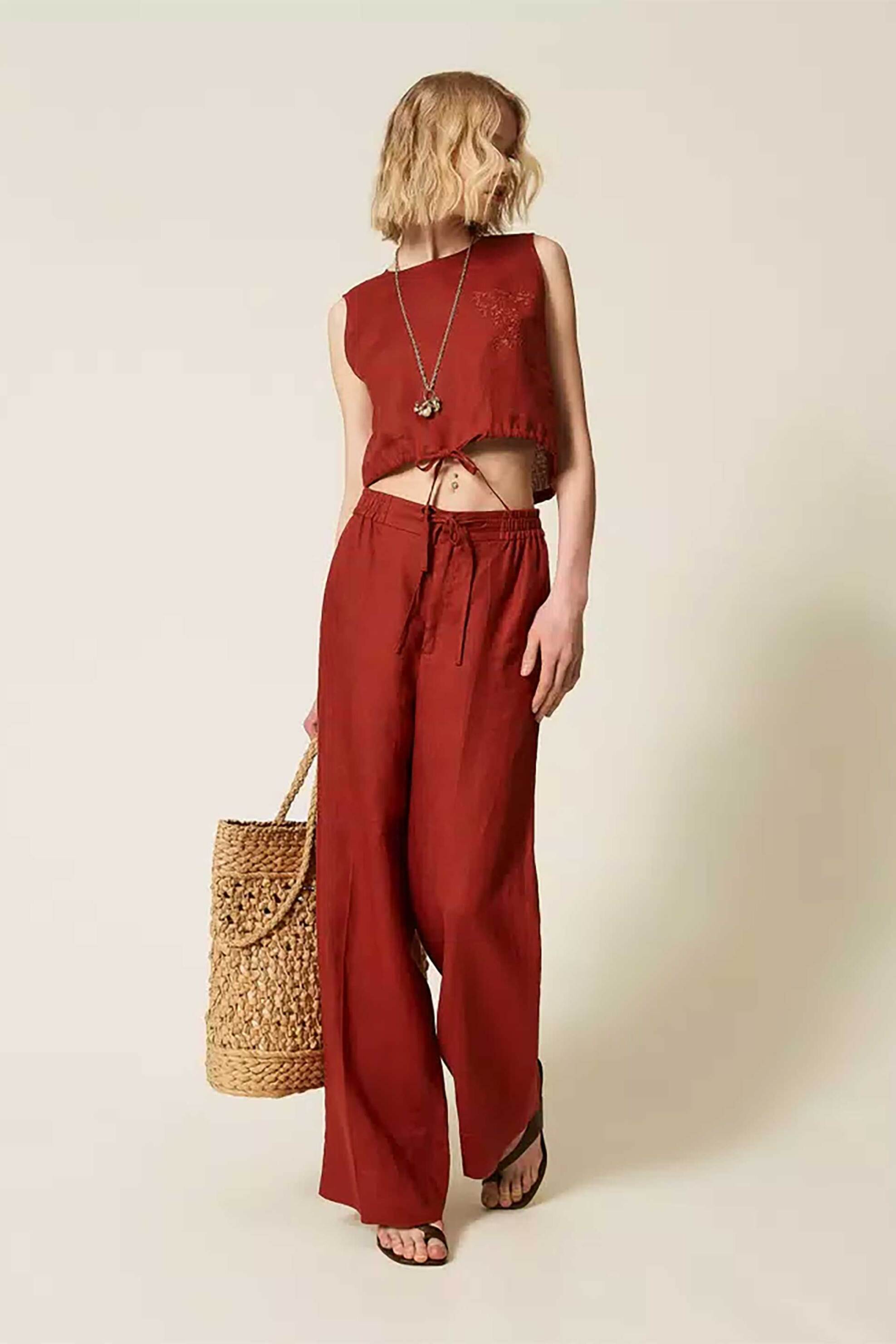 Twinset γυναικείο λινό παντελόνι μονόχρωμο Relaxed Fit - 261TT2302 Κεραμιδί