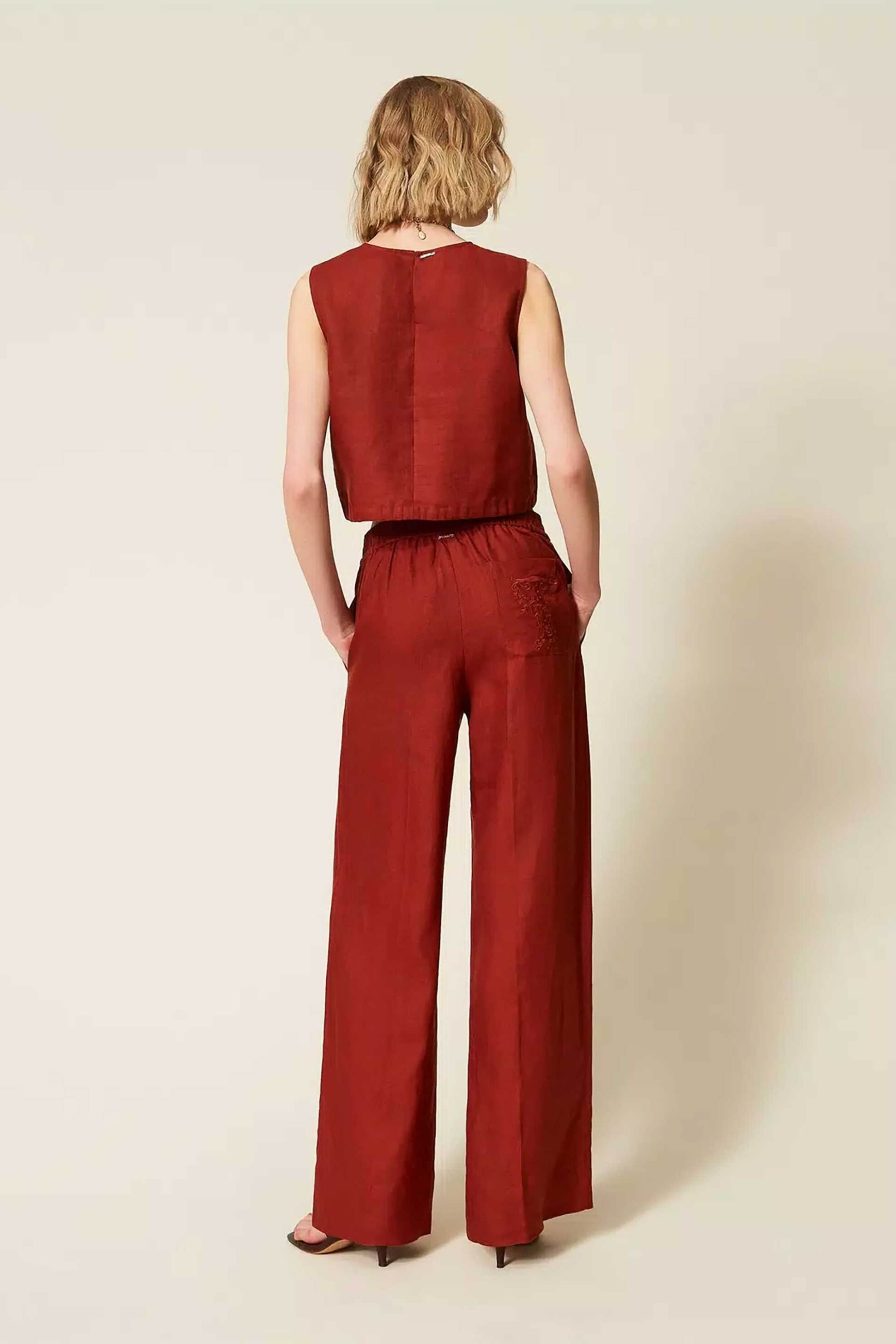 Twinset γυναικείο λινό παντελόνι μονόχρωμο Relaxed Fit - 261TT2302 Κεραμιδί