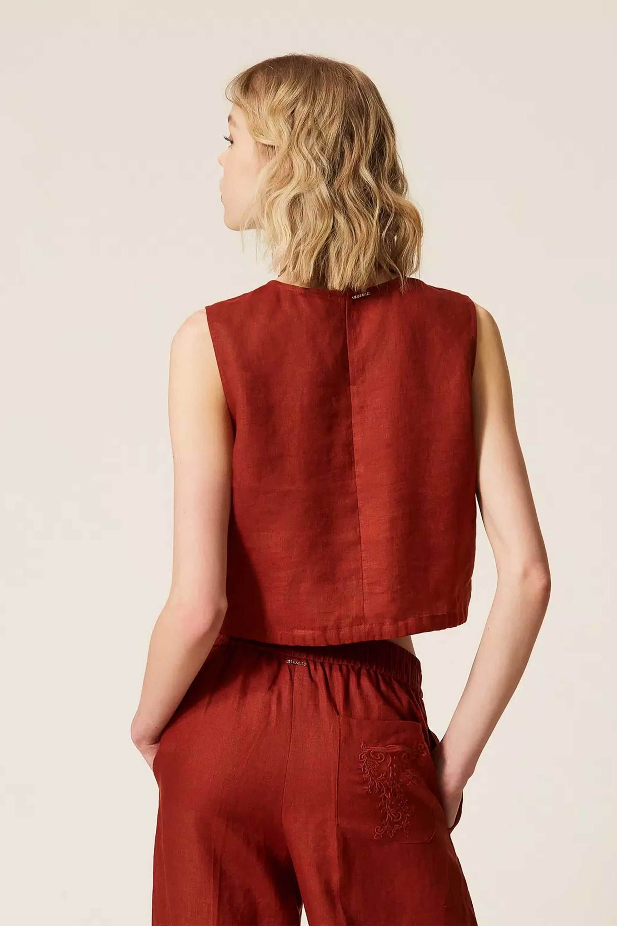 TWINSET Twinset γυναικείο λινό τοπ αμάνικο με κεντημένο λογότυπο - 261TT2303 Κεραμιδί - 3