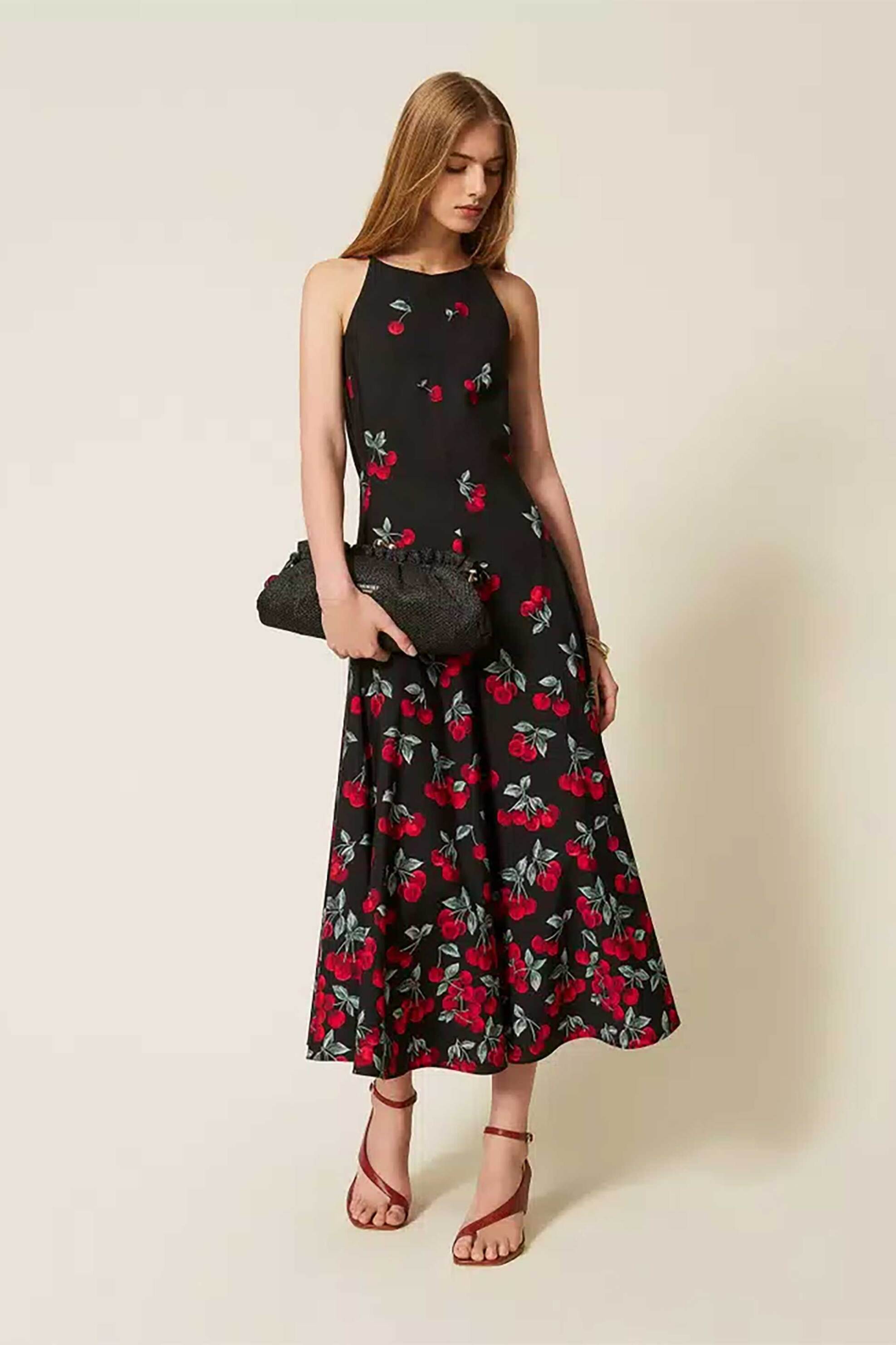 Twinset γυναικείο midi αμάνικο φόρεμα από ποπλίνα με all-over print - 261TT2591 Μαύρο