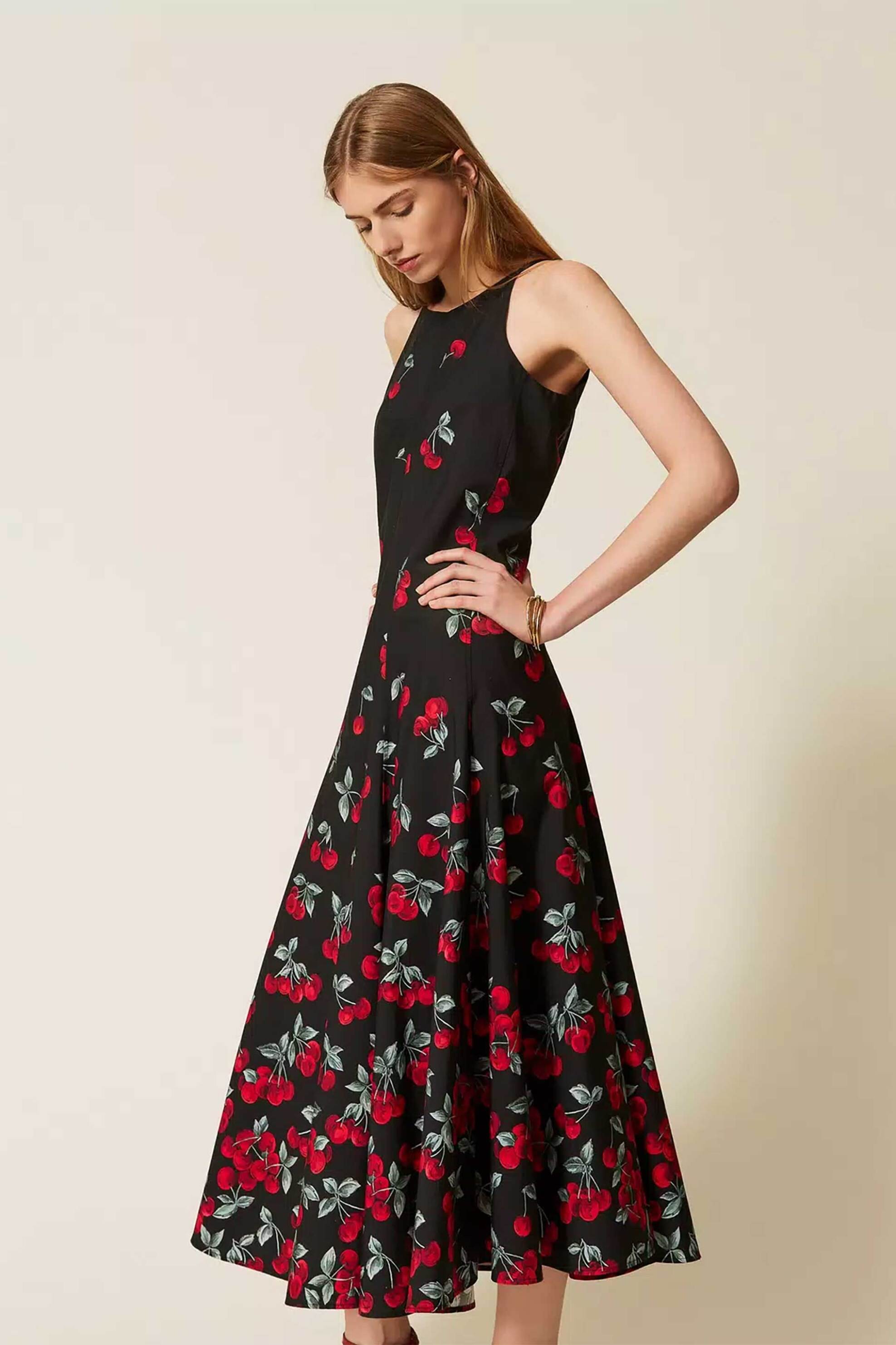 Twinset γυναικείο midi αμάνικο φόρεμα από ποπλίνα με all-over print - 261TT2591 Μαύρο