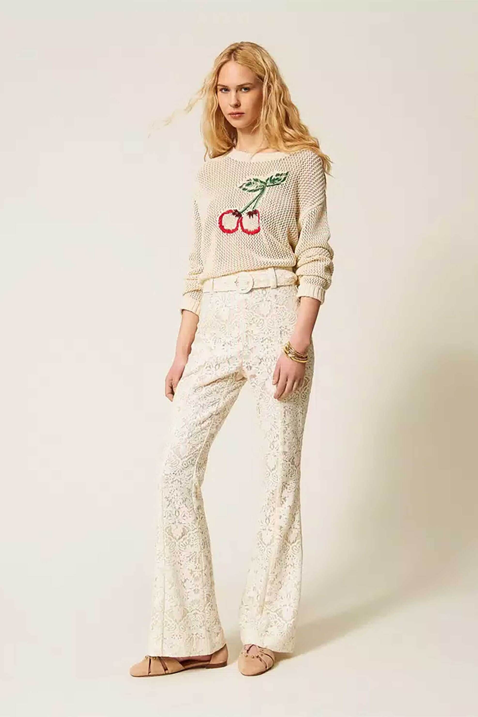 Twinset γυναικείο πουλόβερ με print Loose Fit - 261TT3300 Υπόλευκο