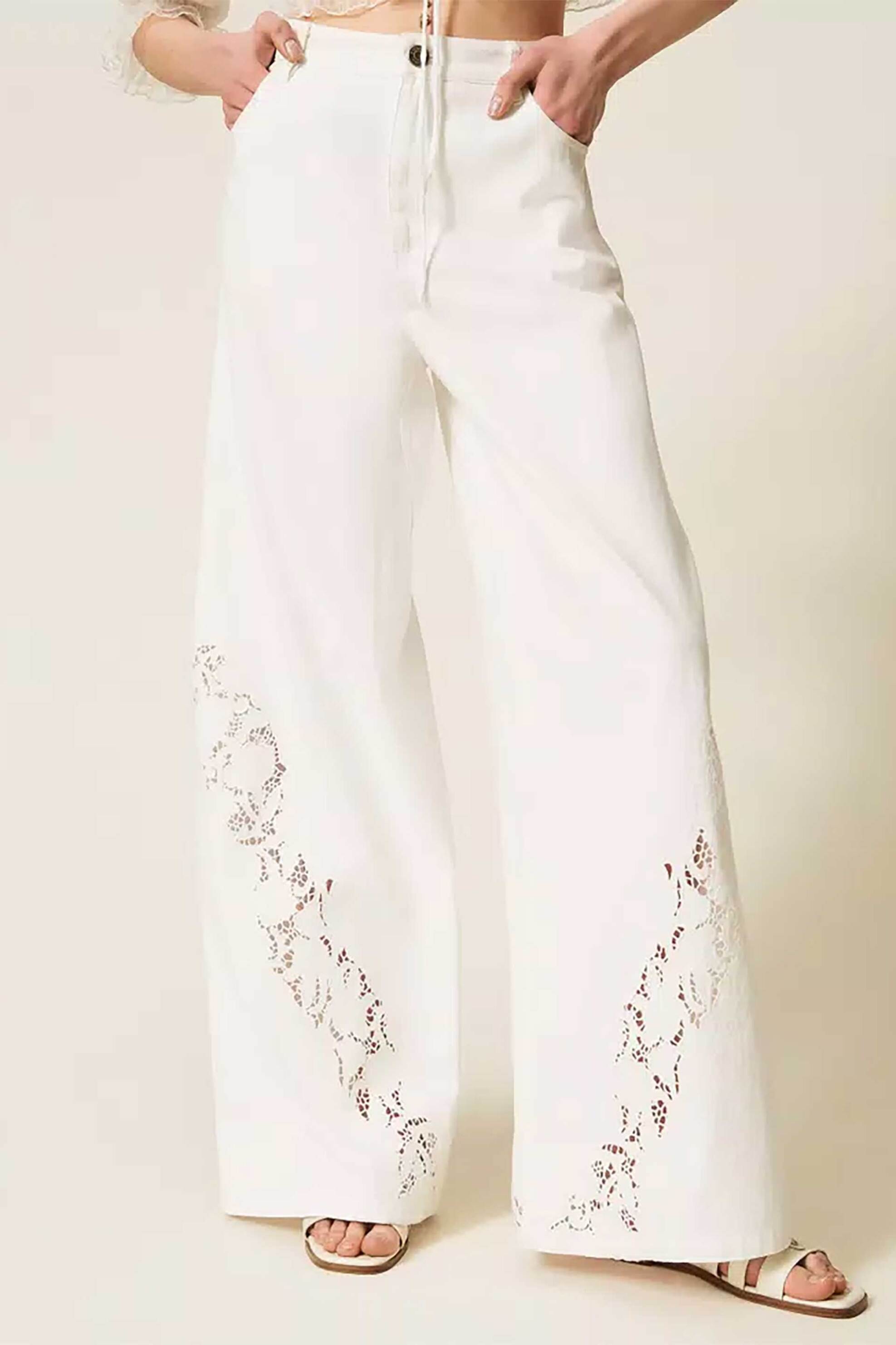 TWINSET Twinset γυναικείο τζιν παντελόνι με διάτρητα σχέδια Wide Fit - 261TT2461 Εκρού - 2