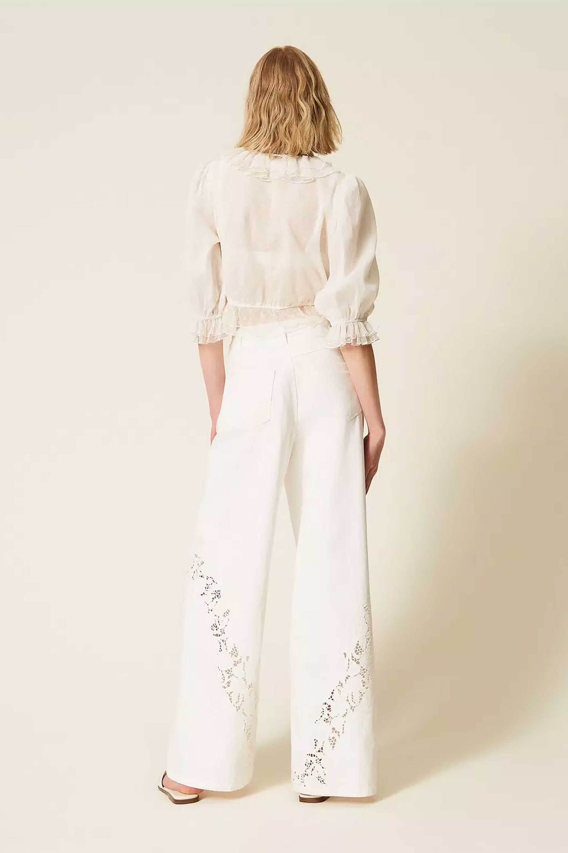TWINSET Twinset γυναικείο τζιν παντελόνι με διάτρητα σχέδια Wide Fit - 261TT2461 Εκρού - 3