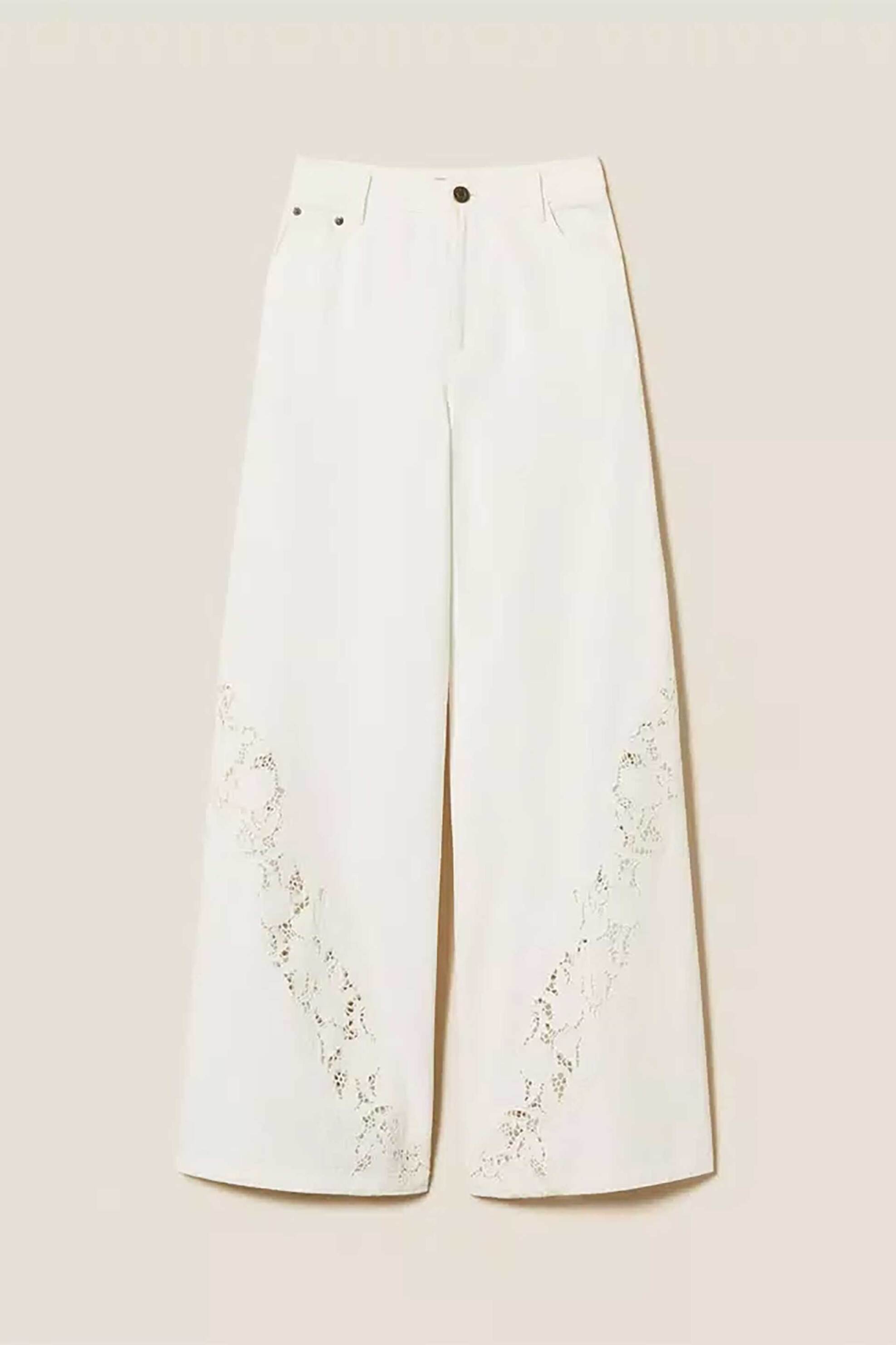 Twinset Γυναικείο Τζιν Παντελόνι με Διάτρητα Σχέδια Wide Fit - 261Tt2461 Εκρού