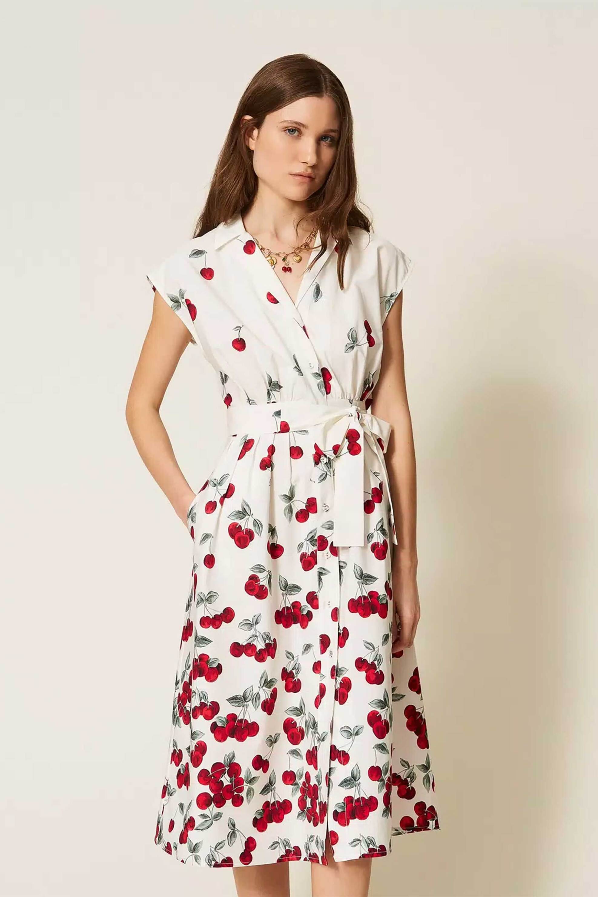 Twinset γυναικείο midi φόρεμα από ποπλίνα σεμιζιέ με all-over print - 261TT2590 Λευκό