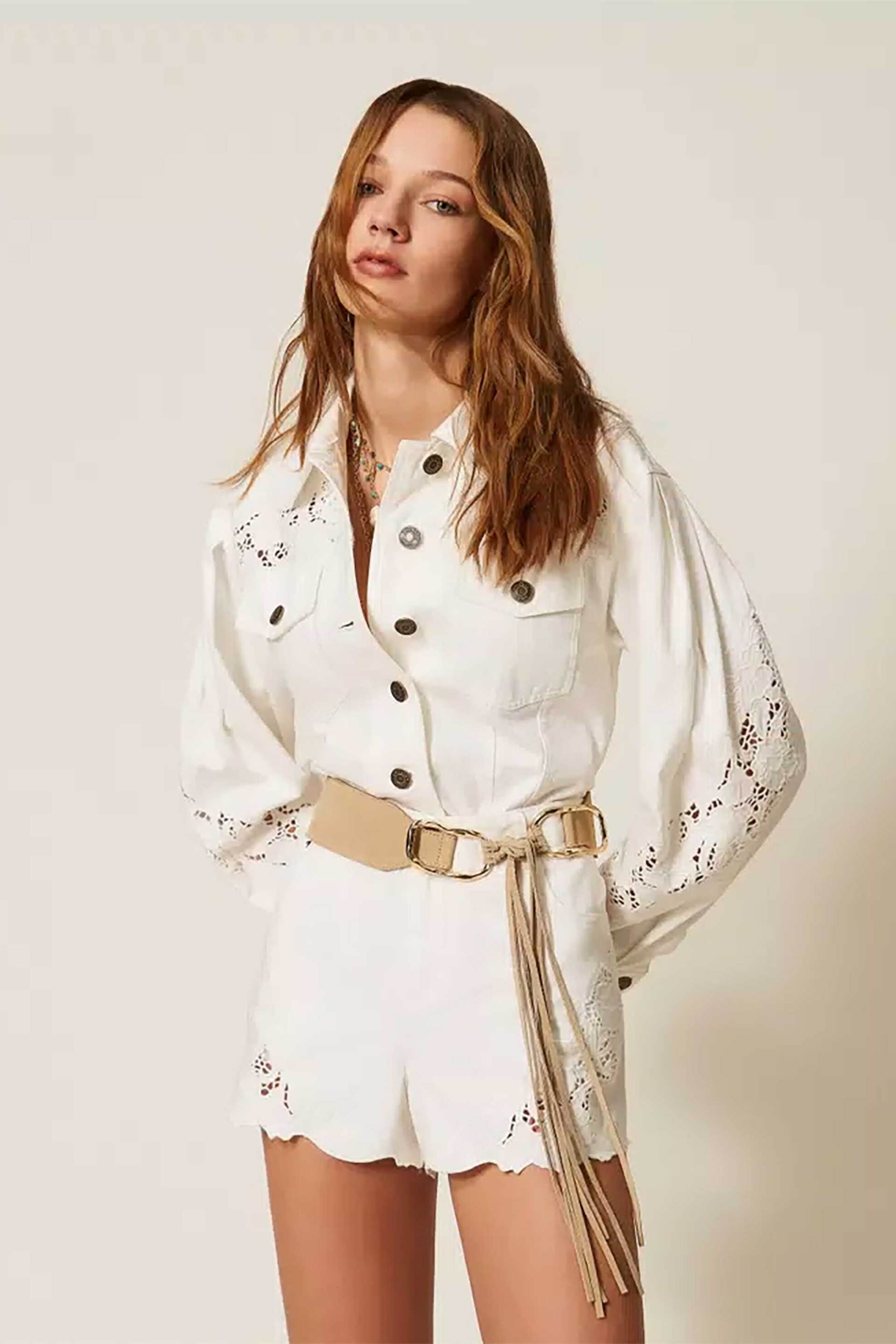 Twinset γυναικείο denim jacket μονόχρωμο με διάτρητα σχέδια - 261TT2460 Εκρού