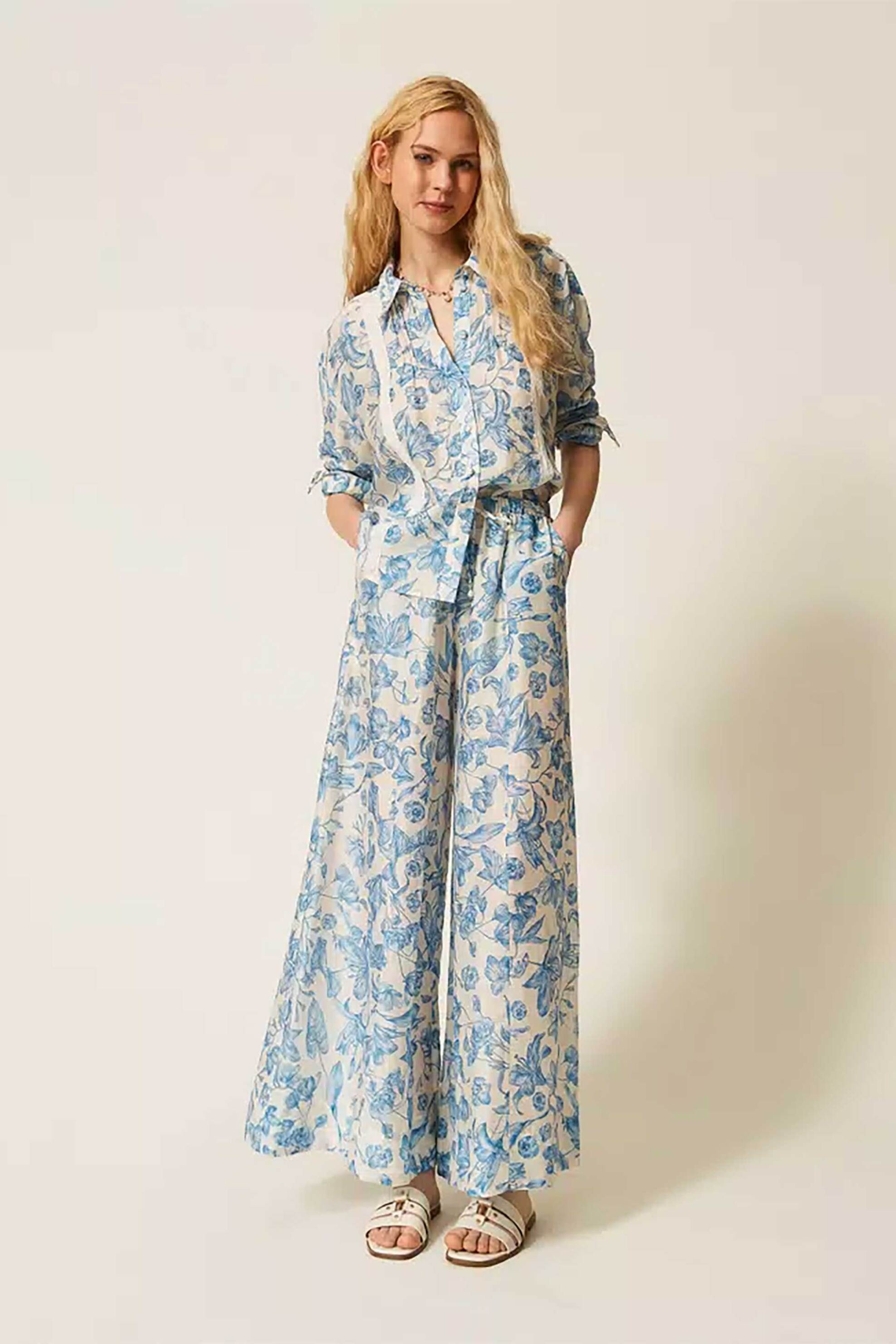 Twinset γυναικείο παντελόνι με floral print Palazzo Fit - 261LM2SBB Μπλε
