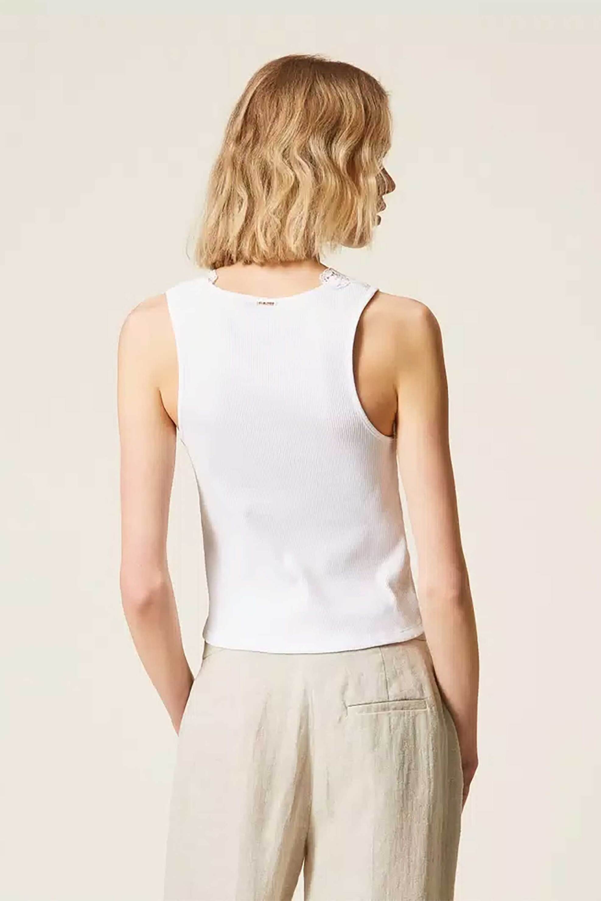 TWINSET Twinset γυναικείο τοπ αμάνικο με δαντέλα - 261TT2360 Λευκό - 3