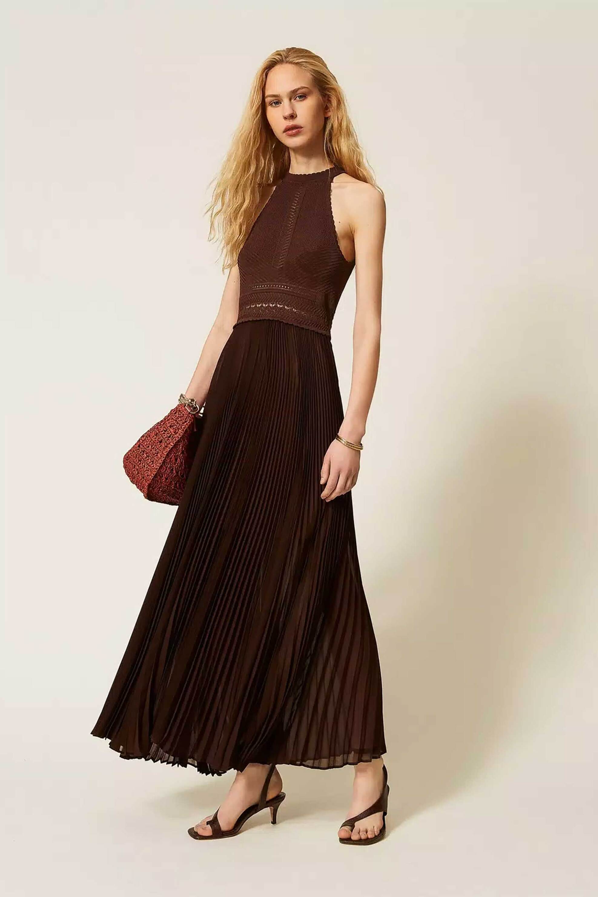 Twinset γυναικείο maxi αμάνικο φόρεμα πλισέ - 261TT3191 Καφέ