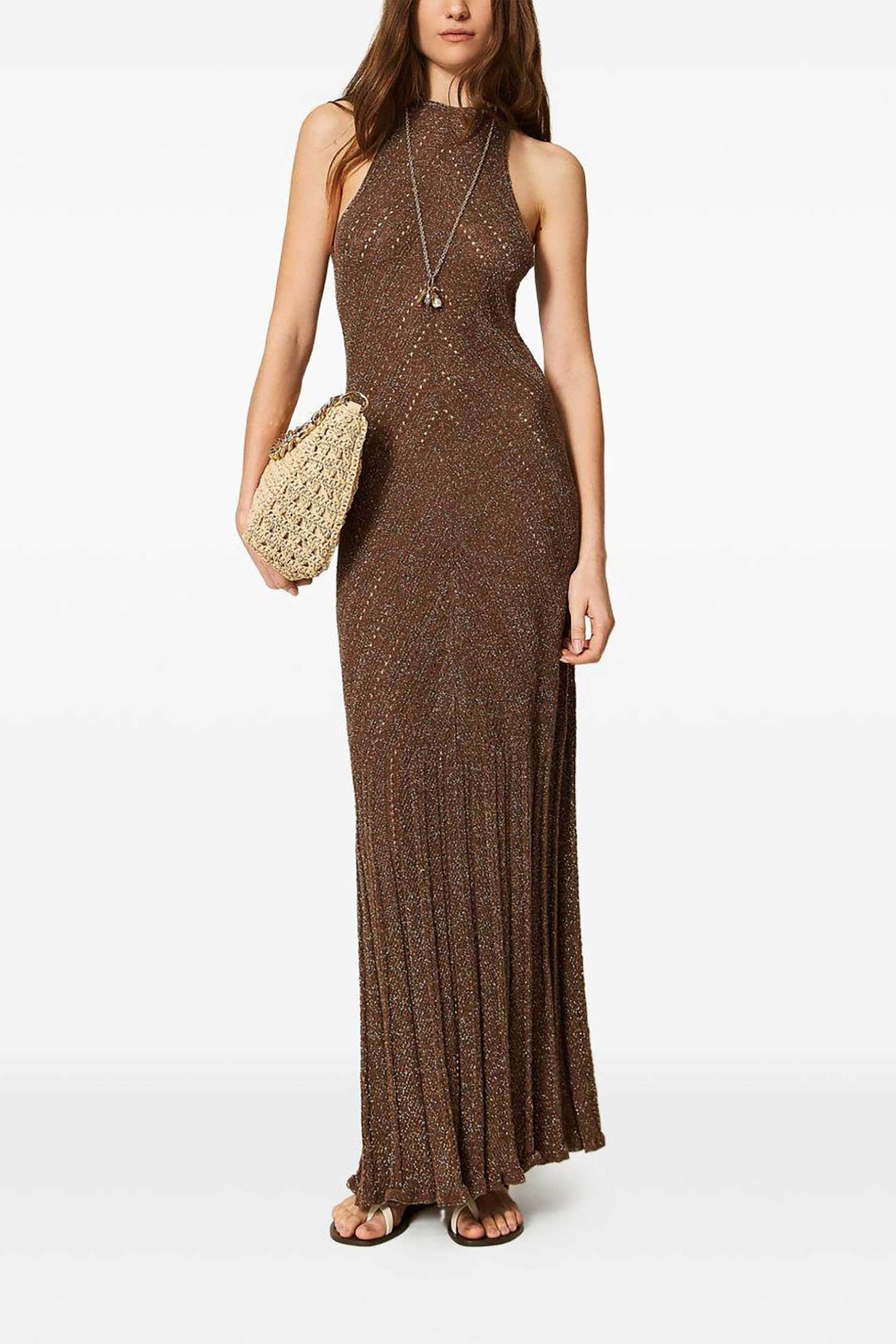 Twinset γυναικείο maxi φόρεμα lurex πλεκτό - 261TT3213 Καφέ