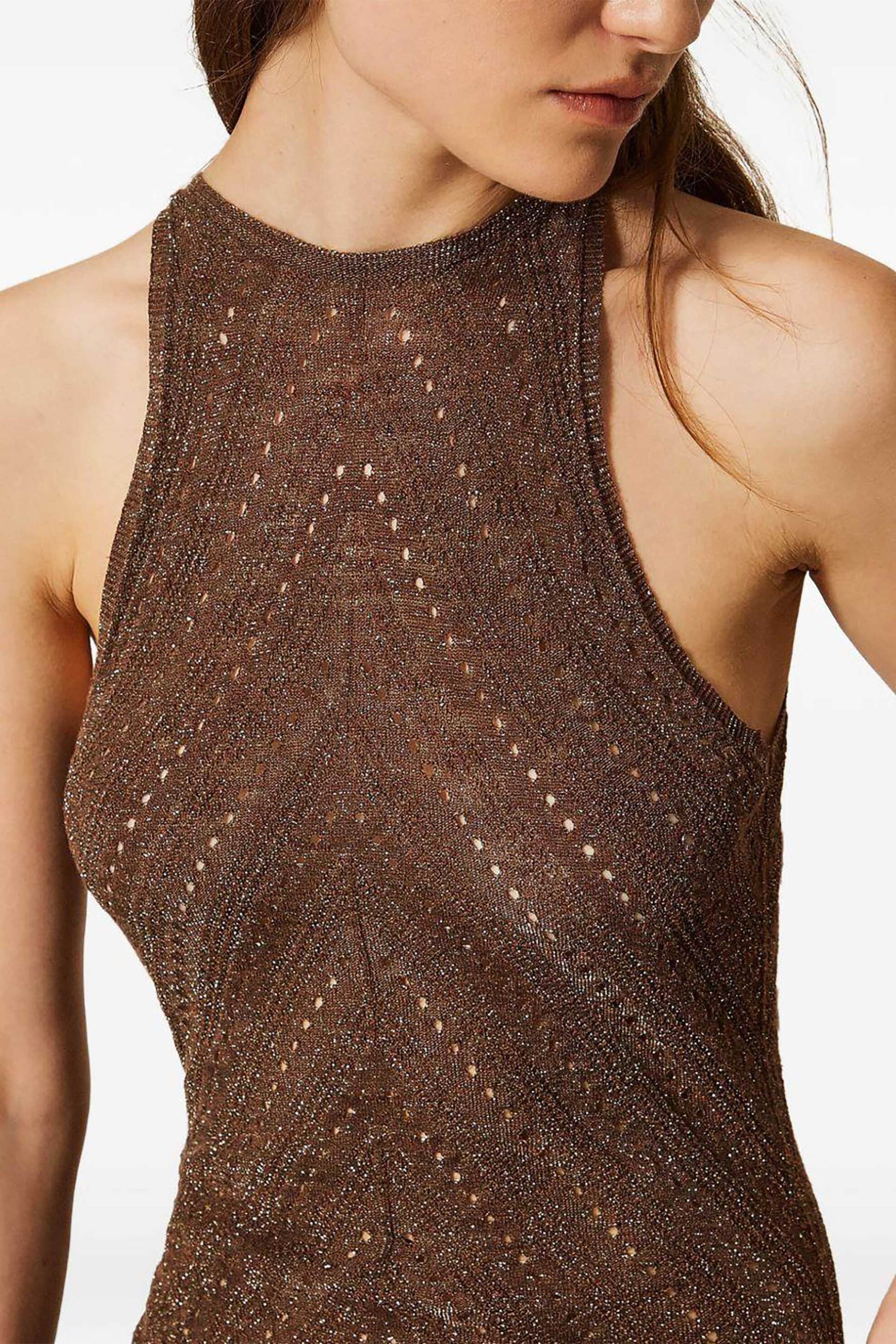 Twinset γυναικείο maxi φόρεμα lurex πλεκτό - 261TT3213 Καφέ