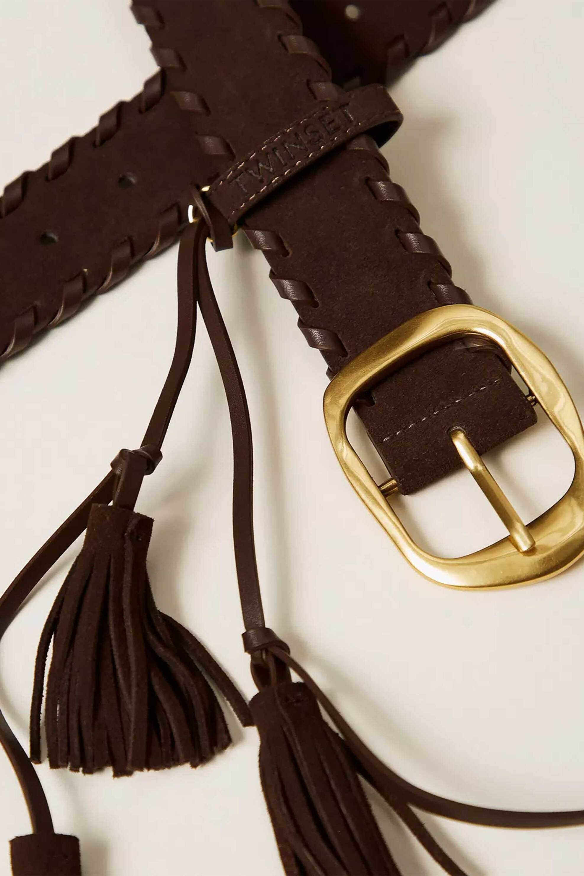 Twinset γυναικεία ζώνη suede με μεταλλική αγκράφα και κρόσια - 262TA4740 Καφέ