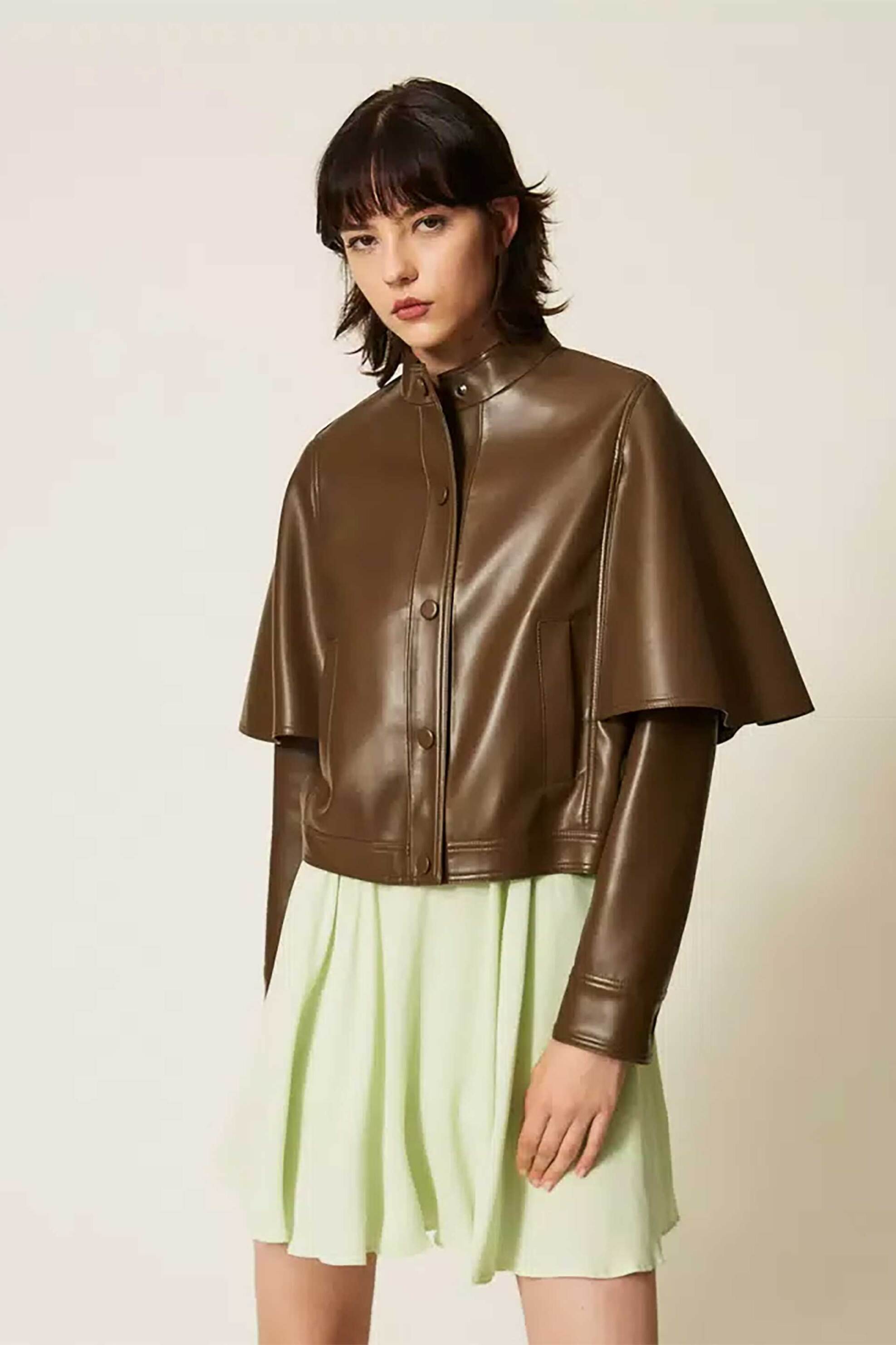 Twinset γυναικείο faux leather jacket σε στυλ κάπας - 262TP2050 Λαδί