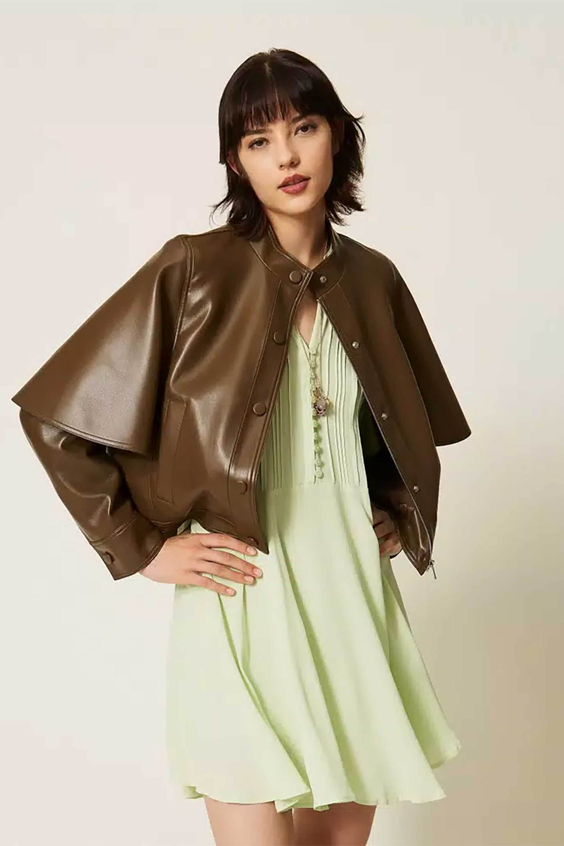Twinset γυναικείο faux leather jacket σε στυλ κάπας - 262TP2050 Λαδί